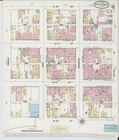 Sanborn Fire Insurance Map from Cheyenne, Laramie County, Wyoming (1890), Sheet #0004 - Complete Map Set gallery image, historic Sanborn map, vintage wall art, Wyoming Wyoming