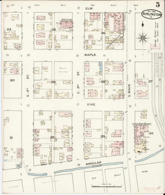 Sanborn Fire Insurance Map from Burlington, Des Moines County, Iowa (1888), Sheet #0005 - Historic Sanborn Fire Insurance Map Print, vintage old map wall art