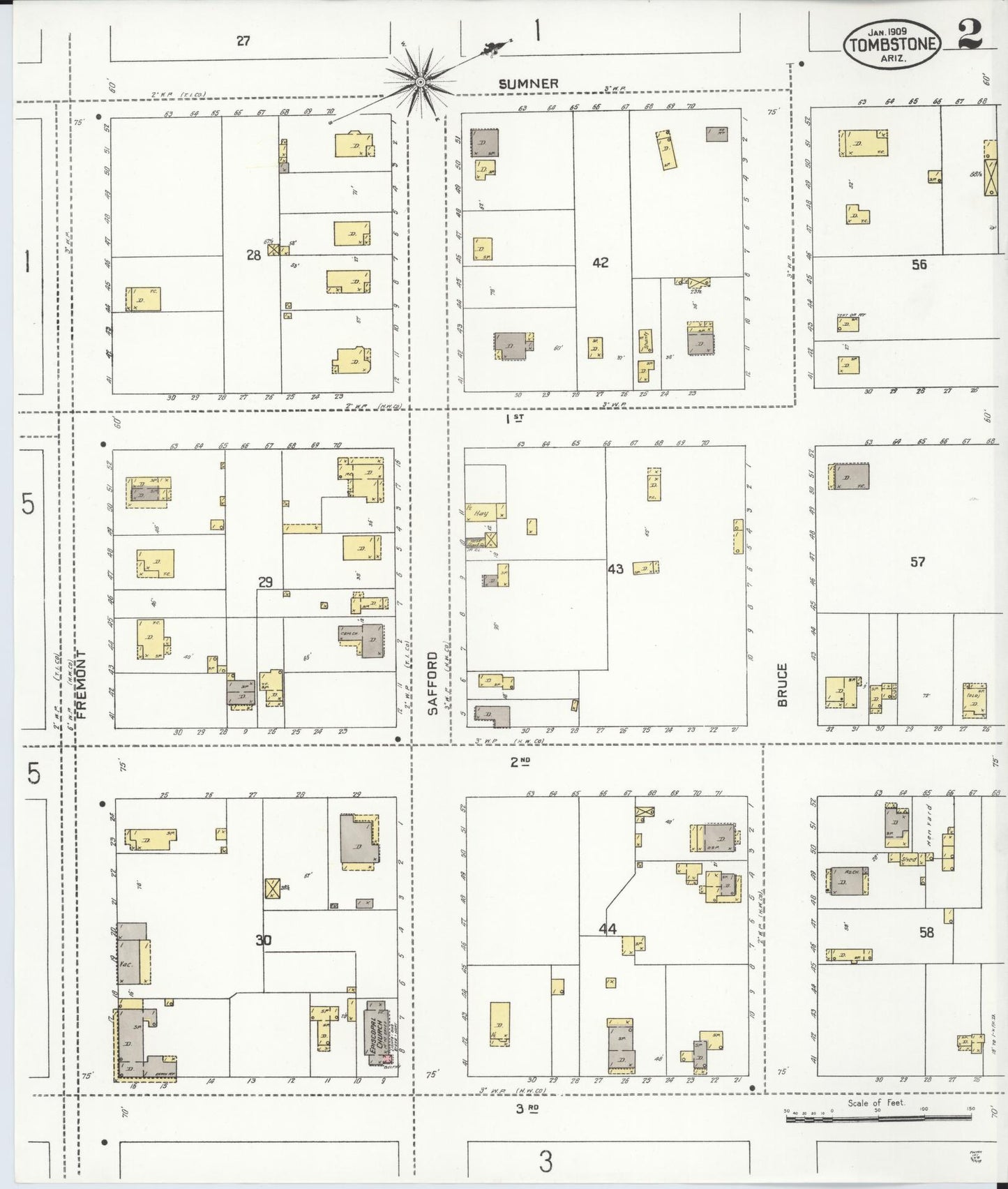 Sanborn Fire Insurance Map from Tombstone, Cochise County, Arizona (1909), Sheet #0002 - Complete Map Set gallery image, historic Sanborn map, vintage wall art, Arizona Arizona