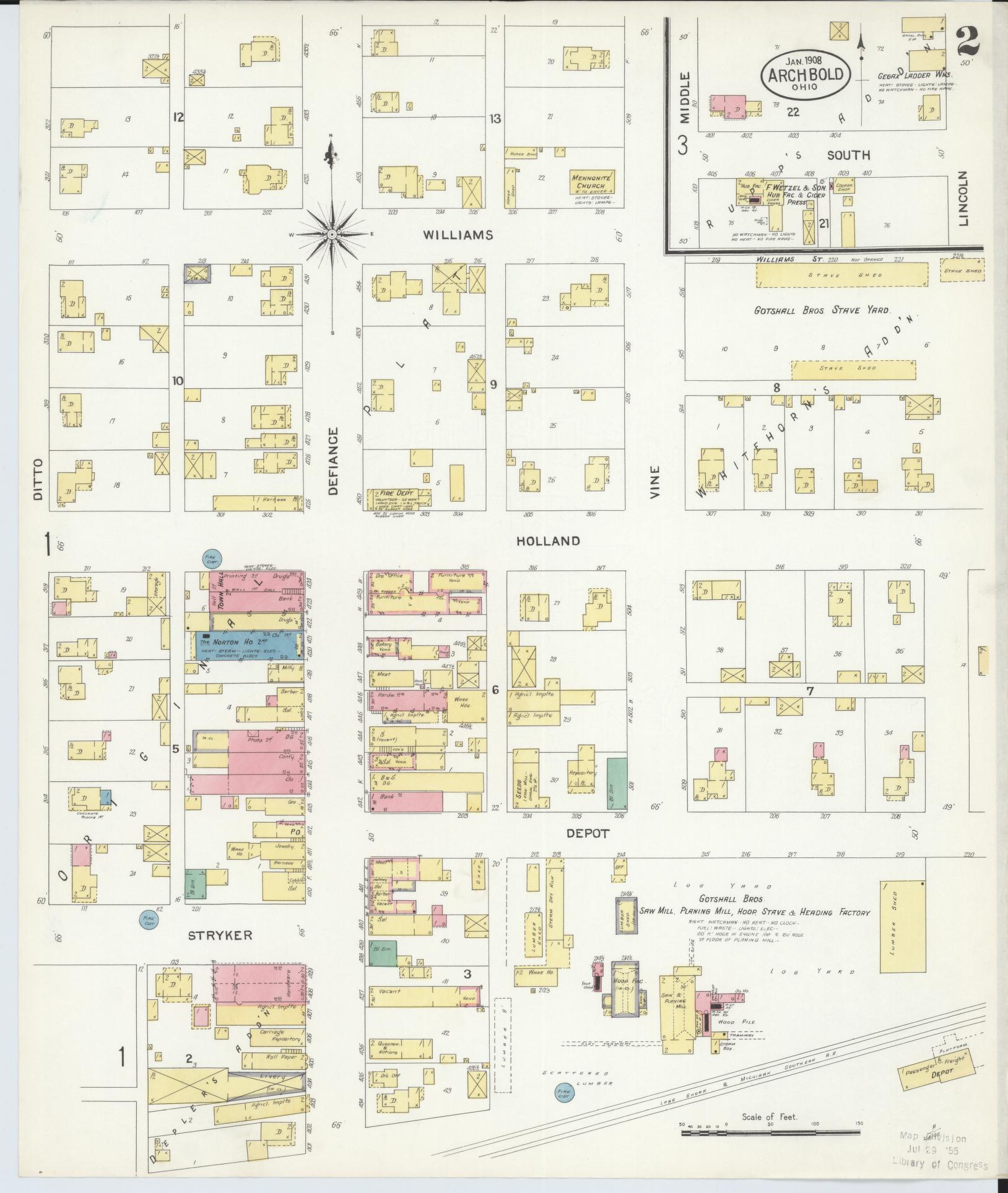 Sanborn Fire Insurance Map from Archbold, Fulton County, Ohio (1908), Sheet #0002 - Historic Sanborn Fire Insurance Map Print, vintage old map wall art, antique decor, genealogy gift, Ohio Ohio map