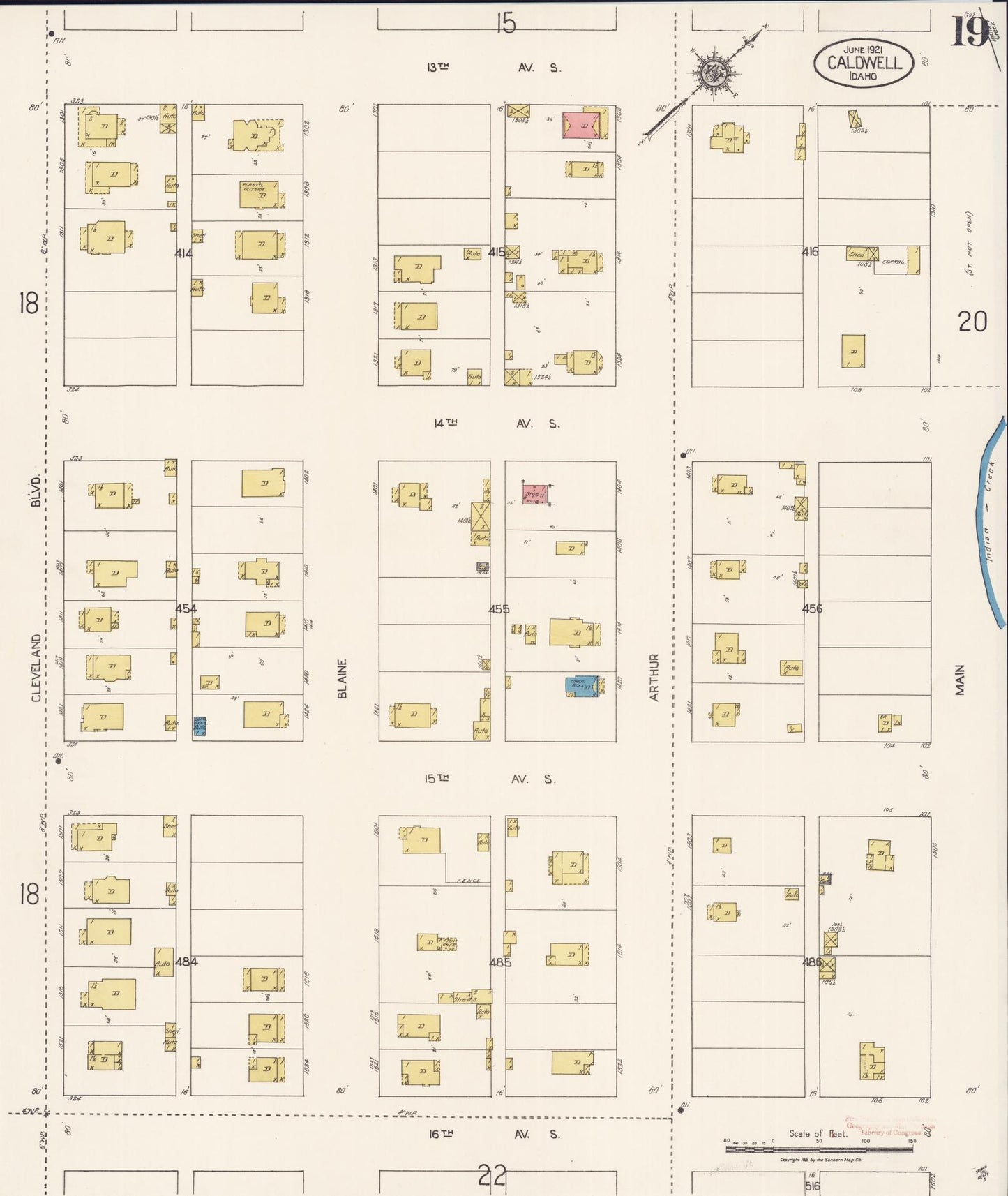 Sanborn Fire Insurance Map from Caldwell, Canyon County, Idaho (1921), Sheet #0019 - Historic Sanborn Fire Insurance Map Print, vintage old map wall art, antique decor, genealogy gift, Idaho Idaho map