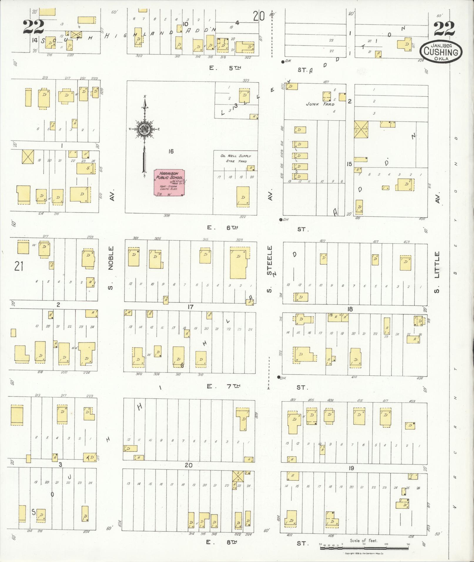 Sanborn Fire Insurance Map from Cushing, Payne County, Oklahoma (1924), Sheet #0022 - Historic Sanborn Fire Insurance Map Print, vintage old map wall art, antique decor, genealogy gift, Oklahoma Oklahoma map
