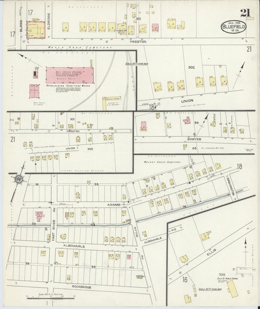 Sanborn Fire Insurance Map from Bluefield, Mercer County, West Virginia (1914), Sheet #0021 - Historic Sanborn Fire Insurance Map Print, vintage old map wall art, antique decor, genealogy gift, West Virginia West Virginia map