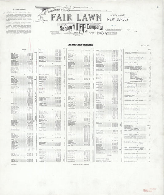 Sanborn Fire Insurance Map from Fair Lawn, Bergen County, New Jersey (1948), Sheet #0001 - Historic Sanborn Fire Insurance Map Print, vintage old map wall art, antique decor, genealogy gift, New Jersey New Jersey map
