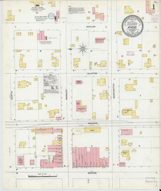 Sanborn Fire Insurance Map from Athens, Limestone County, Alabama (1905), Sheet #0001 - Complete Map Set gallery image, historic Sanborn map, vintage wall art, Alabama Alabama