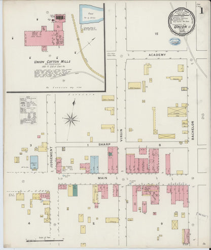 Sanborn Fire Insurance Map from Union, Union County, South Carolina (1894), Sheet #0001 - Complete Map Set gallery image, historic Sanborn map, vintage wall art, South Carolina South Carolina
