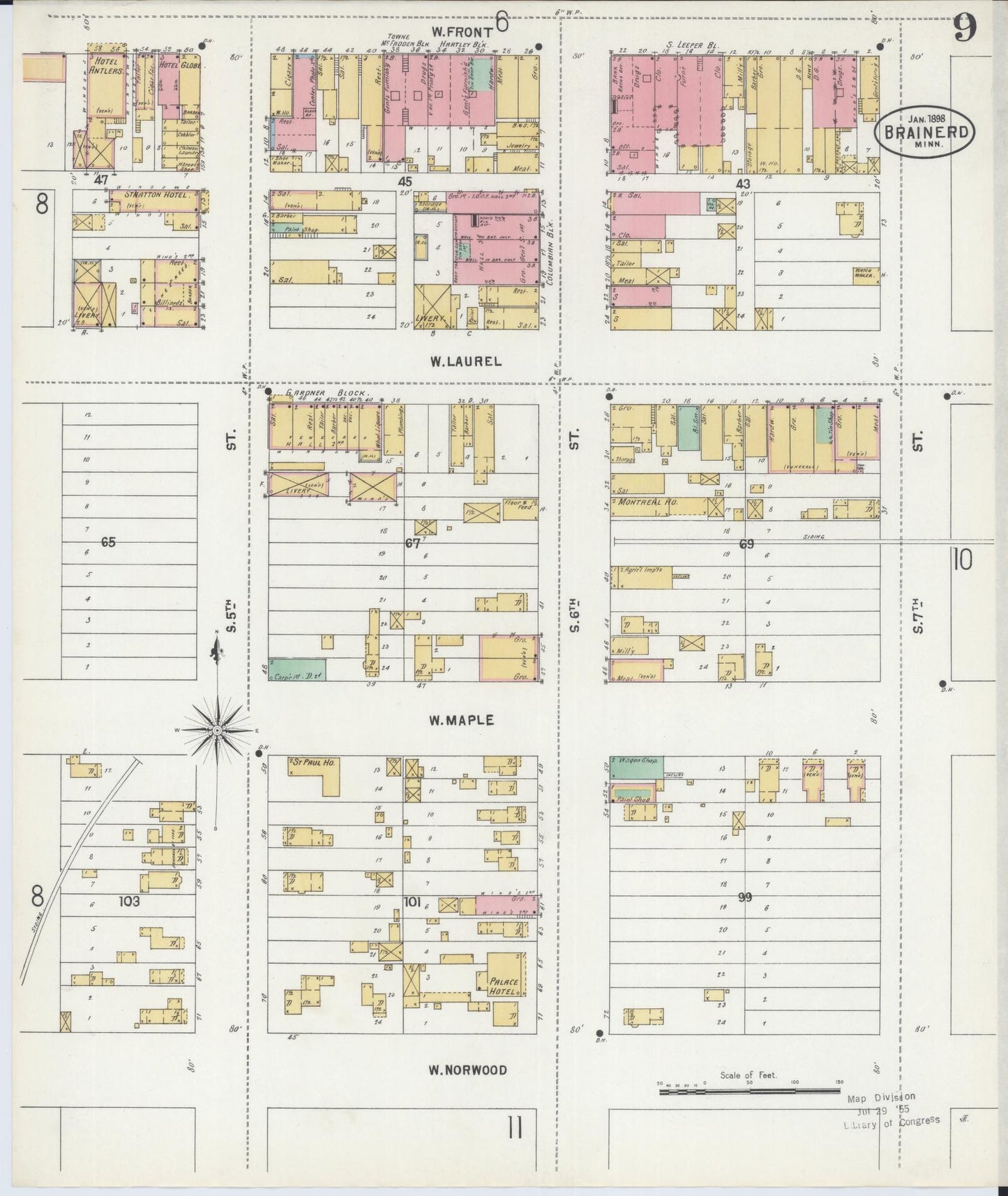 Sanborn Fire Insurance Map from Brainerd, Crow Wing County, Minnesota (1898), Sheet #0009 - Complete Map Set gallery image, historic Sanborn map, vintage wall art, Minnesota Minnesota