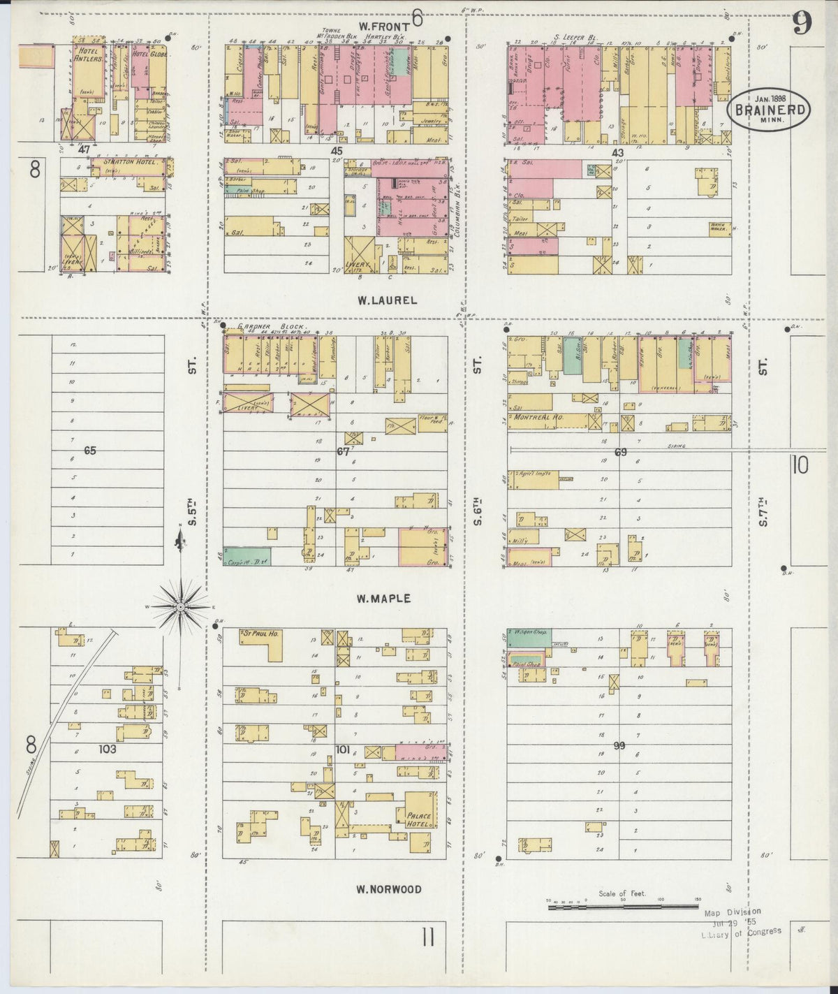 Sanborn Fire Insurance Map from Brainerd, Crow Wing County, Minnesota (1898), Sheet #0009 - Complete Map Set gallery image, historic Sanborn map, vintage wall art, Minnesota Minnesota