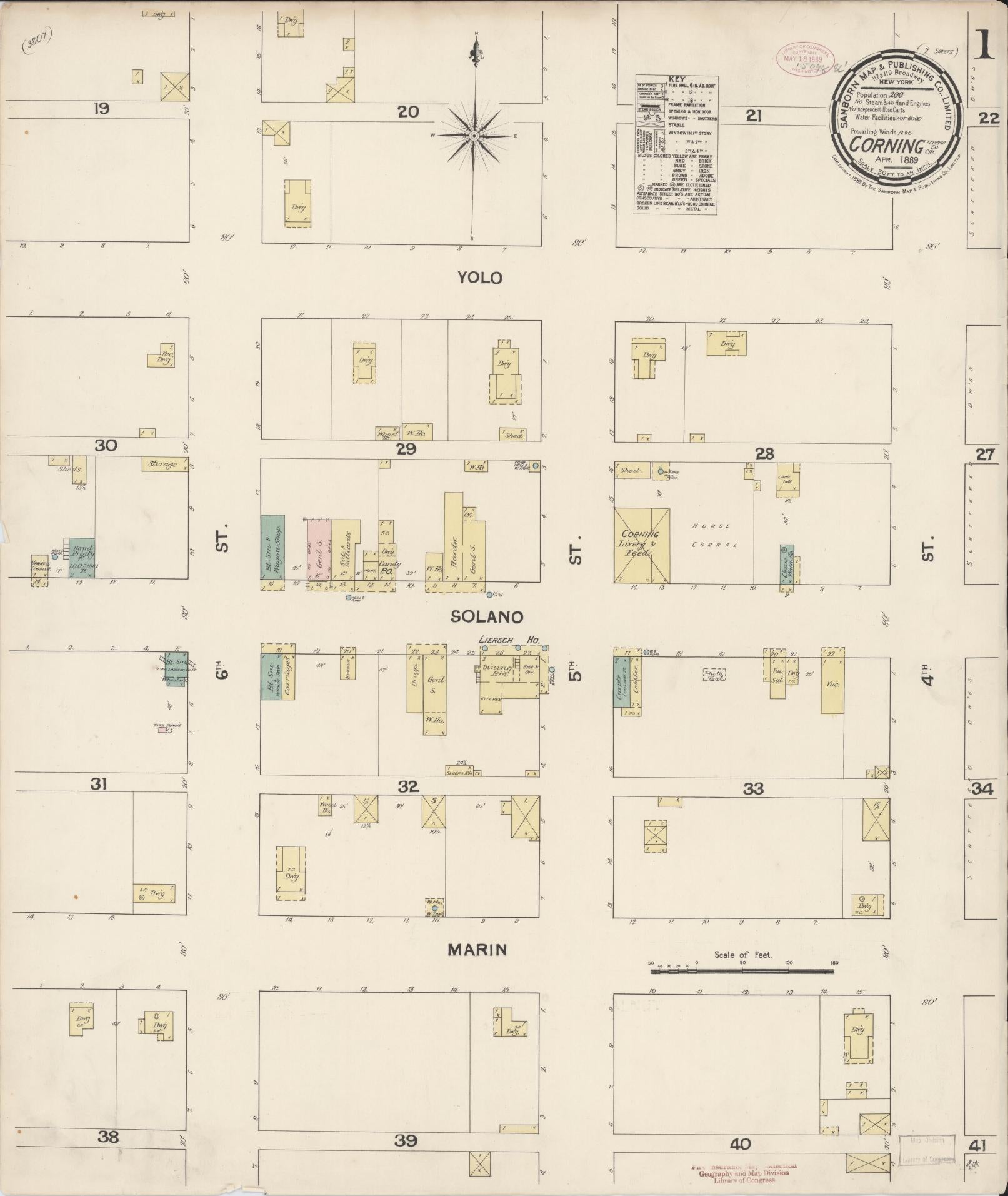 Sanborn Fire Insurance Map from Corning, Tehama County, California (1889), Sheet #0001 - Complete Map Set gallery image, historic Sanborn map, vintage wall art, California California