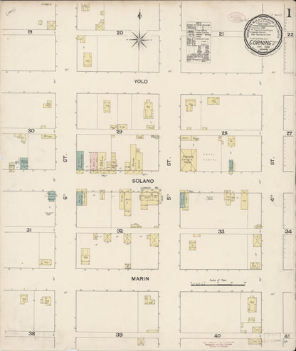 Sanborn Fire Insurance Map from Corning, Tehama County, California (1889), Sheet #0001 - Complete Map Set gallery image, historic Sanborn map, vintage wall art, California California