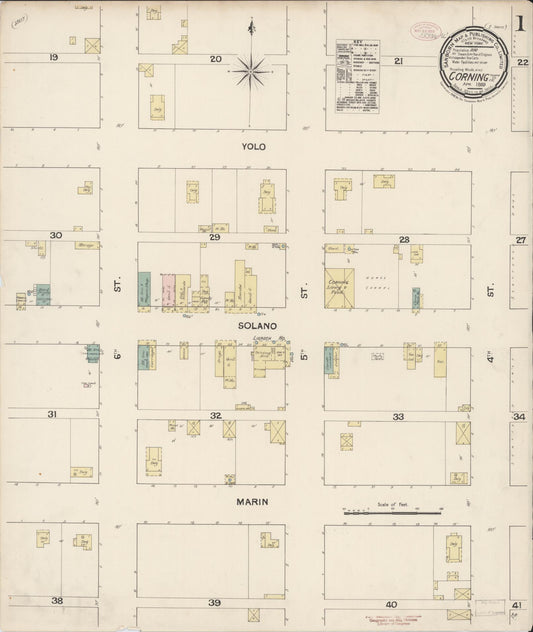 Sanborn Fire Insurance Map from Corning, Tehama County, California (1889), Sheet #0001 - Complete Map Set gallery image, historic Sanborn map, vintage wall art, California California