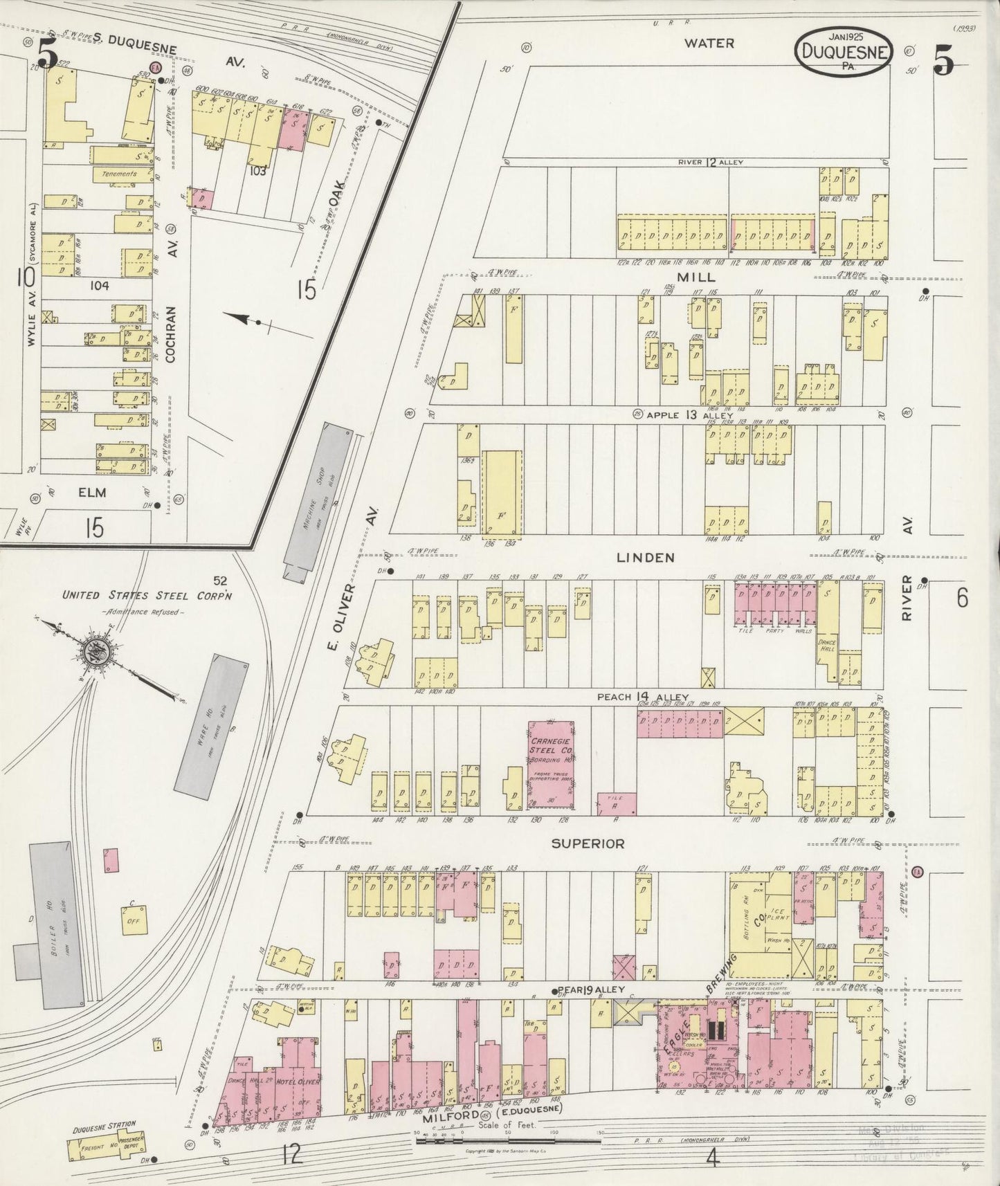 Sanborn Fire Insurance Map from Duquesne, Allegheny County, Pennsylvania (1925), Sheet #0005 - Historic Sanborn Fire Insurance Map Print, vintage old map wall art, antique decor, genealogy gift, Pennsylvania Pennsylvania map