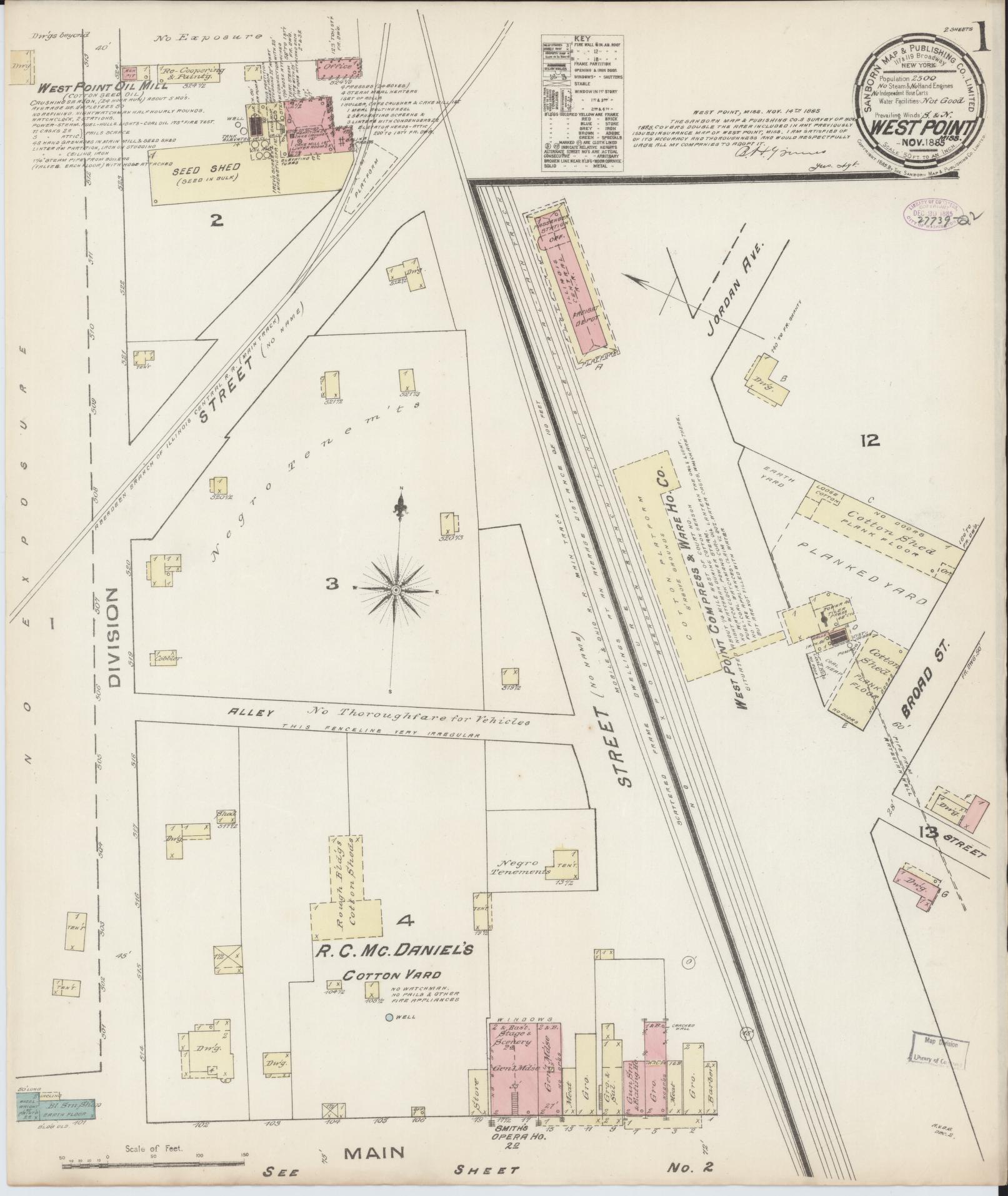 Sanborn Fire Insurance Map from West Point, Clay County, Mississippi (1885), Sheet #0001 - Historic Sanborn Fire Insurance Map Print, vintage old map wall art, antique decor, genealogy gift, Mississippi Mississippi map