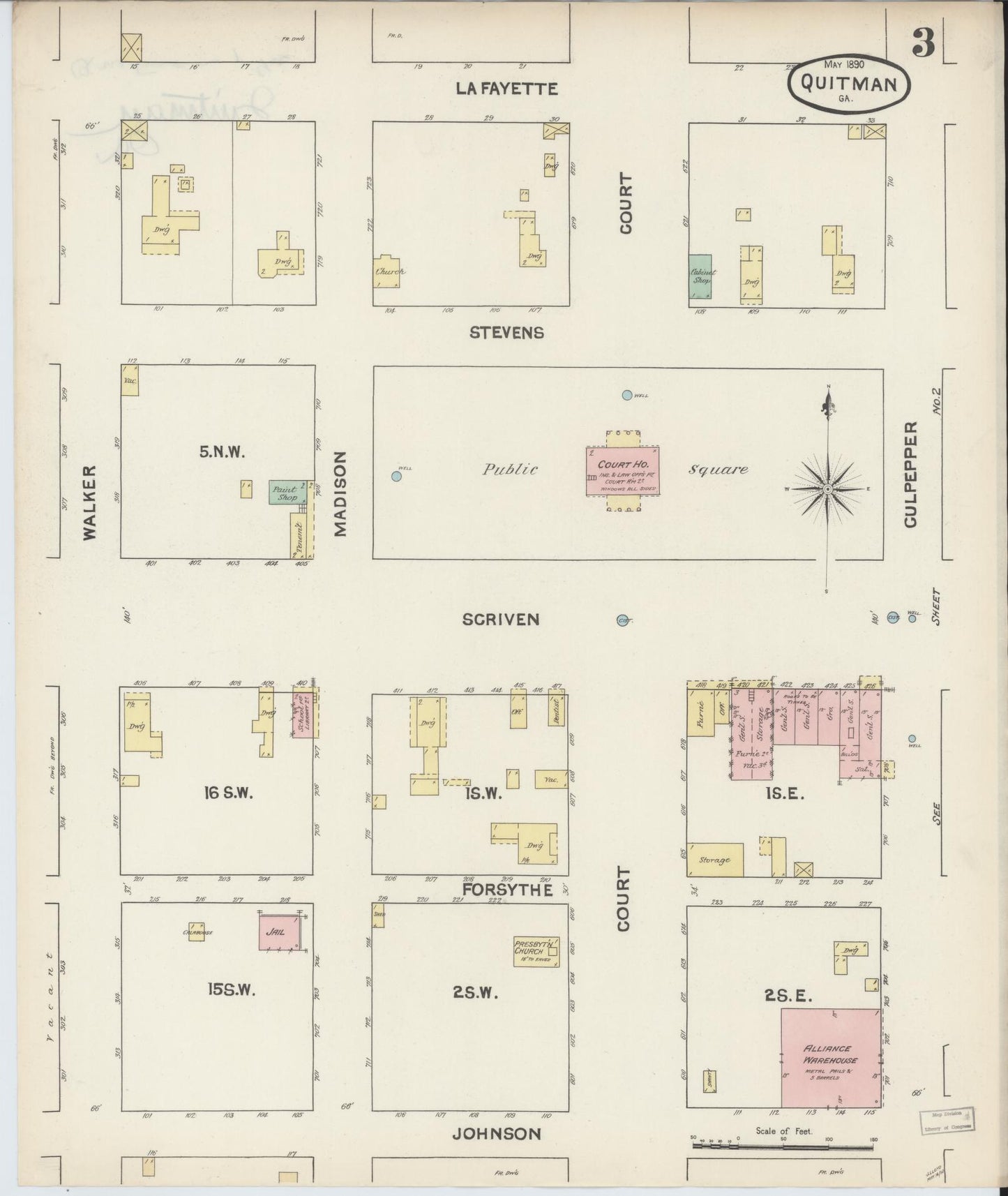 Sanborn Fire Insurance Map from Quitman, Brooks County, Georgia (1890), Sheet #0003 - Historic Sanborn Fire Insurance Map Print, vintage old map wall art, antique decor, genealogy gift, Georgia Georgia map