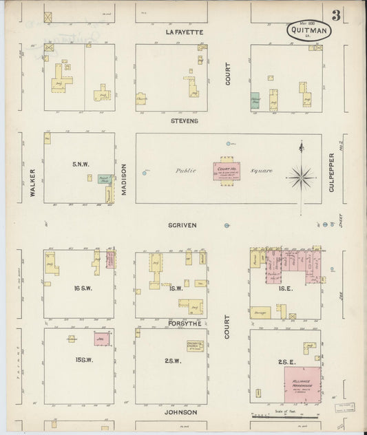 Sanborn Fire Insurance Map from Quitman, Brooks County, Georgia (1890), Sheet #0003 - Historic Sanborn Fire Insurance Map Print, vintage old map wall art, antique decor, genealogy gift, Georgia Georgia map