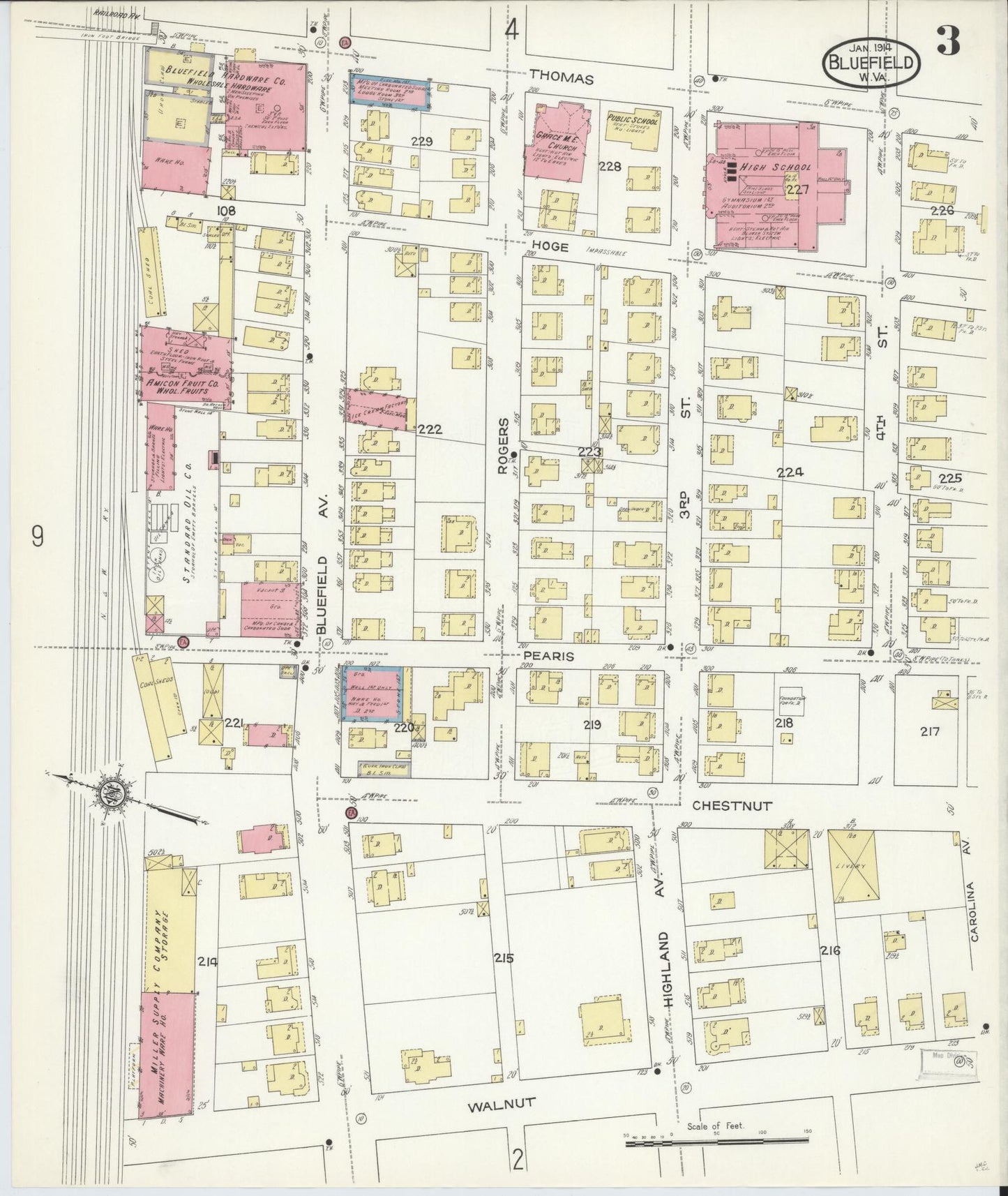 Sanborn Fire Insurance Map from Bluefield, Mercer County, West Virginia (1914), Sheet #0003 - Historic Sanborn Fire Insurance Map Print, vintage old map wall art, antique decor, genealogy gift, West Virginia West Virginia map