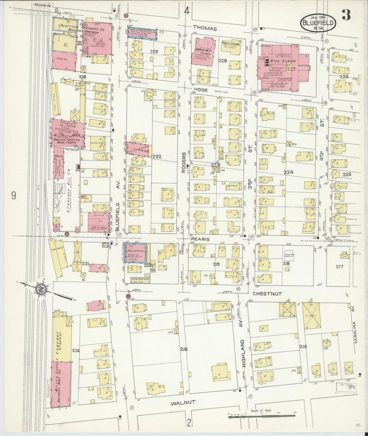 Sanborn Fire Insurance Map from Bluefield, Mercer County, West Virginia (1914), Sheet #0003 - Historic Sanborn Fire Insurance Map Print, vintage old map wall art, antique decor, genealogy gift, West Virginia West Virginia map