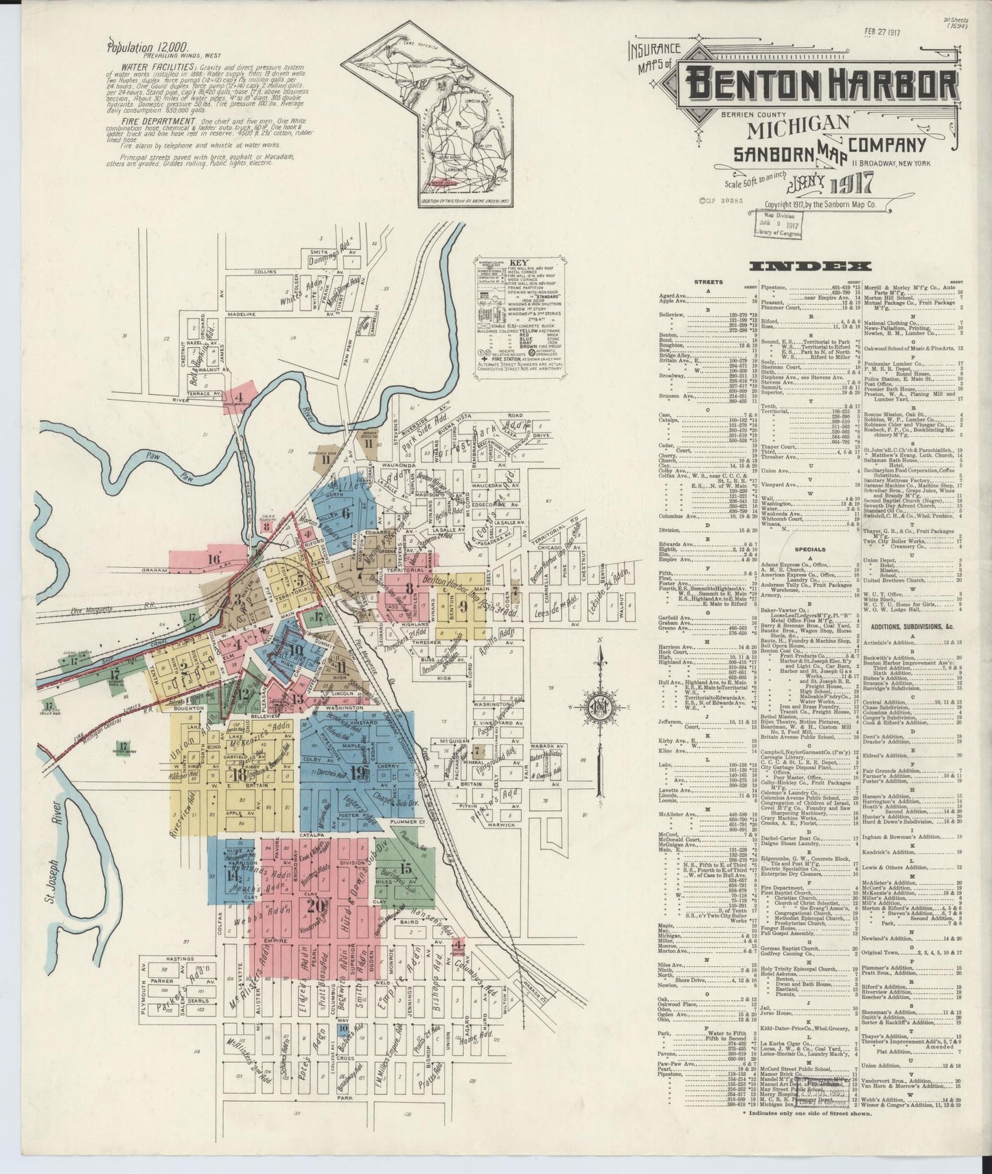 Sanborn Fire Insurance Map from Benton Harbor, Berrien County, Michigan (1917), Sheet #0001 - Historic Sanborn Fire Insurance Map Print, vintage old map wall art, antique decor, genealogy gift, Michigan Michigan map
