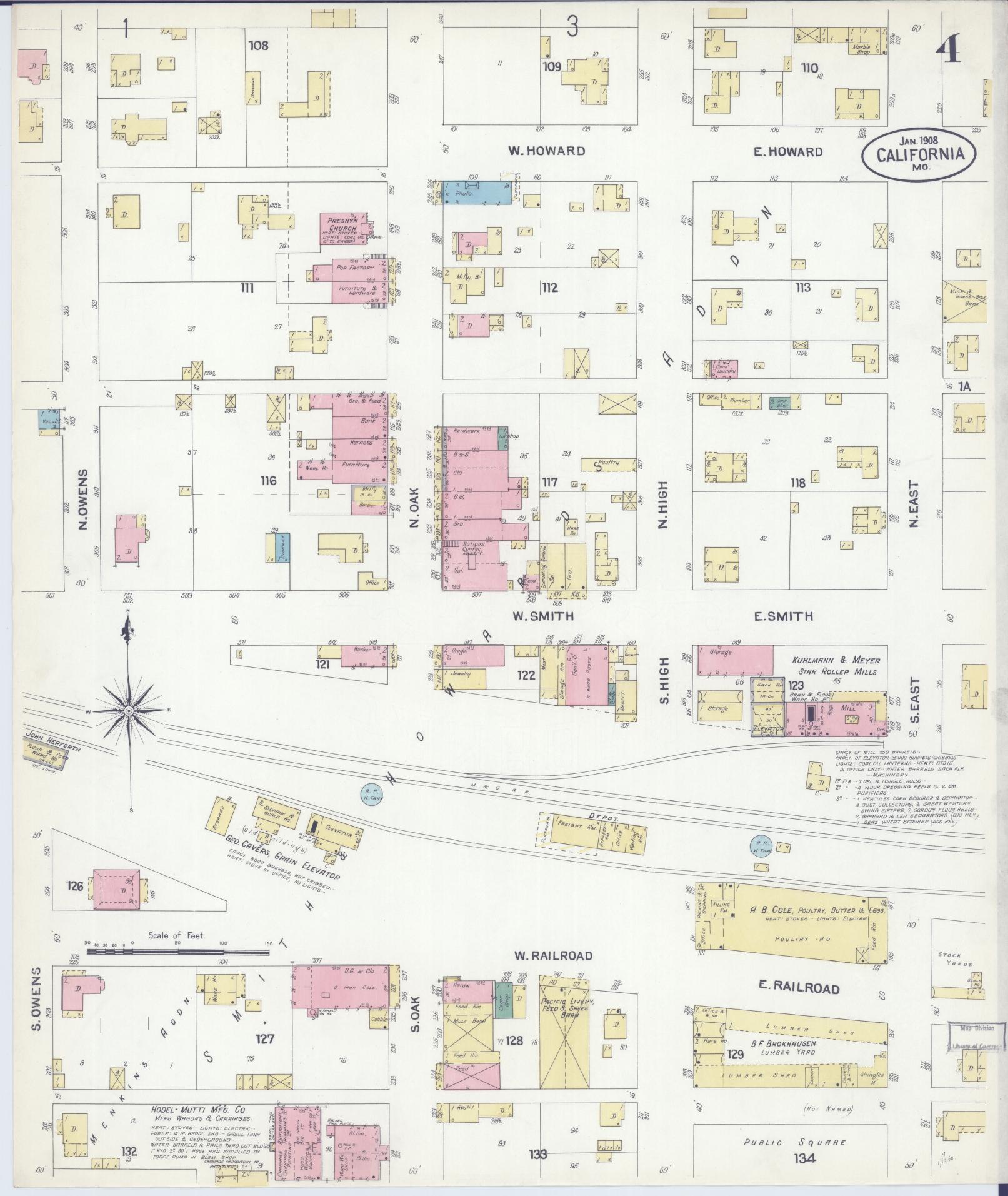 Sanborn Fire Insurance Map from California, Moniteau County, Missouri (1908), Sheet #0004 - Complete Map Set gallery image, historic Sanborn map, vintage wall art, Missouri Missouri