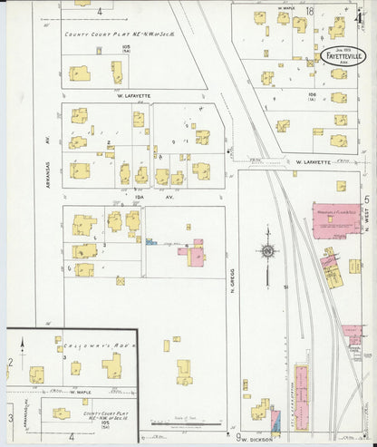 Sanborn Fire Insurance Map from Fayetteville, Washington County, Arkansas (1919), Sheet #0004 - Complete Map Set gallery image, historic Sanborn map, vintage wall art, Arkansas Arkansas