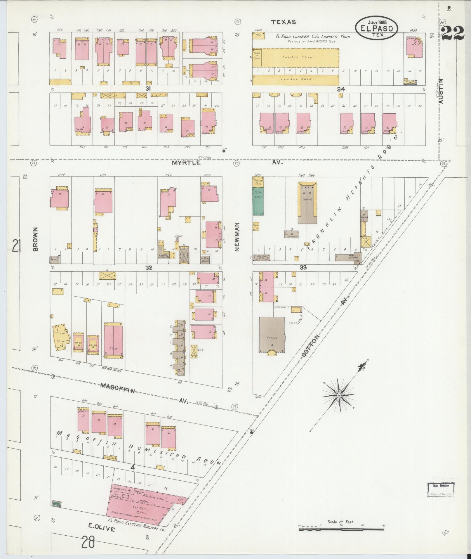 Sanborn Fire Insurance Map from El Paso, El Paso County, Texas (1905), Sheet #0022 - Complete Map Set gallery image, historic Sanborn map, vintage wall art, Texas Texas