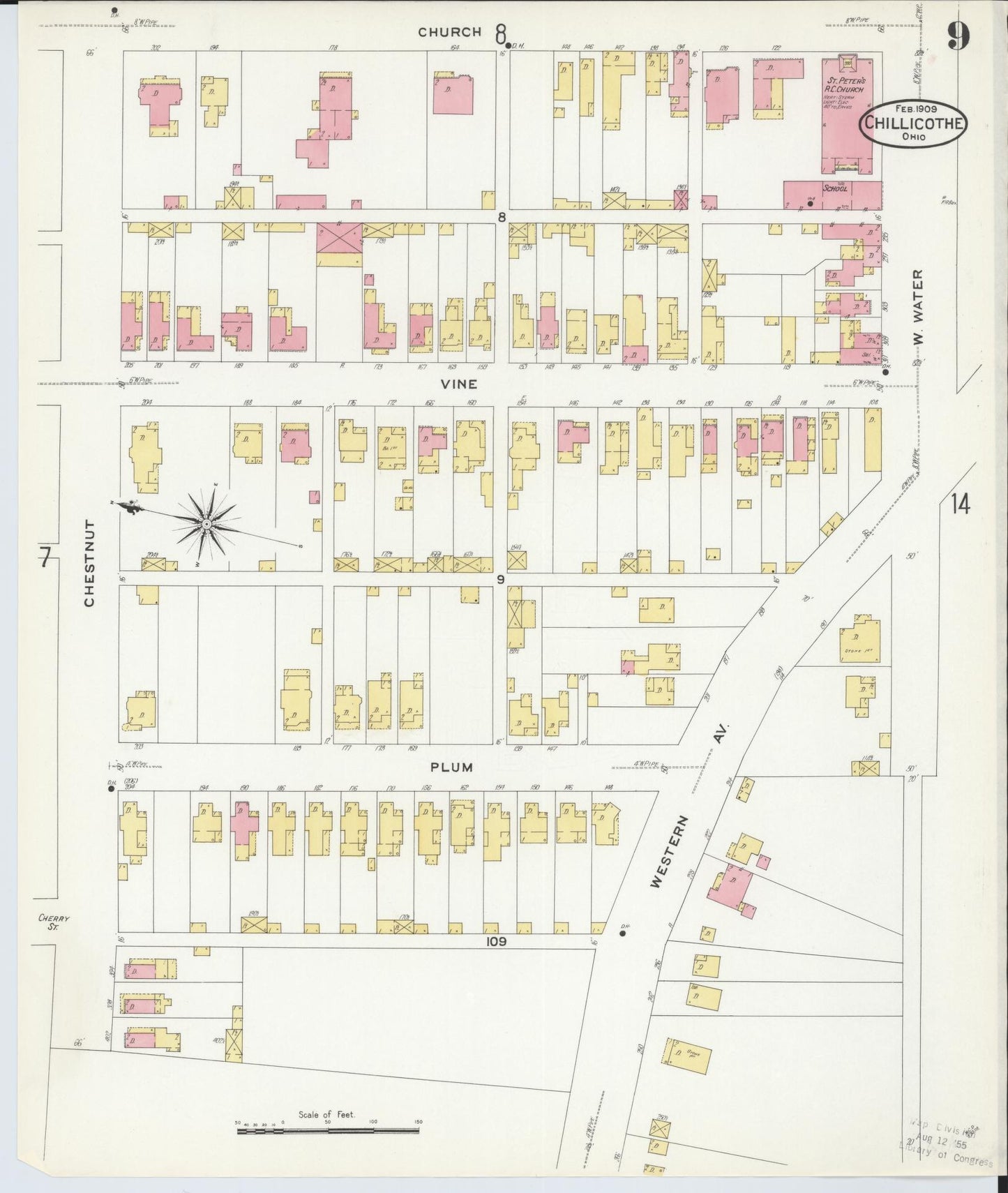 Sanborn Fire Insurance Map from Chillicothe, Ross County, Ohio (1909), Sheet #0009 - Complete Map Set gallery image, historic Sanborn map, vintage wall art, Ohio Ohio