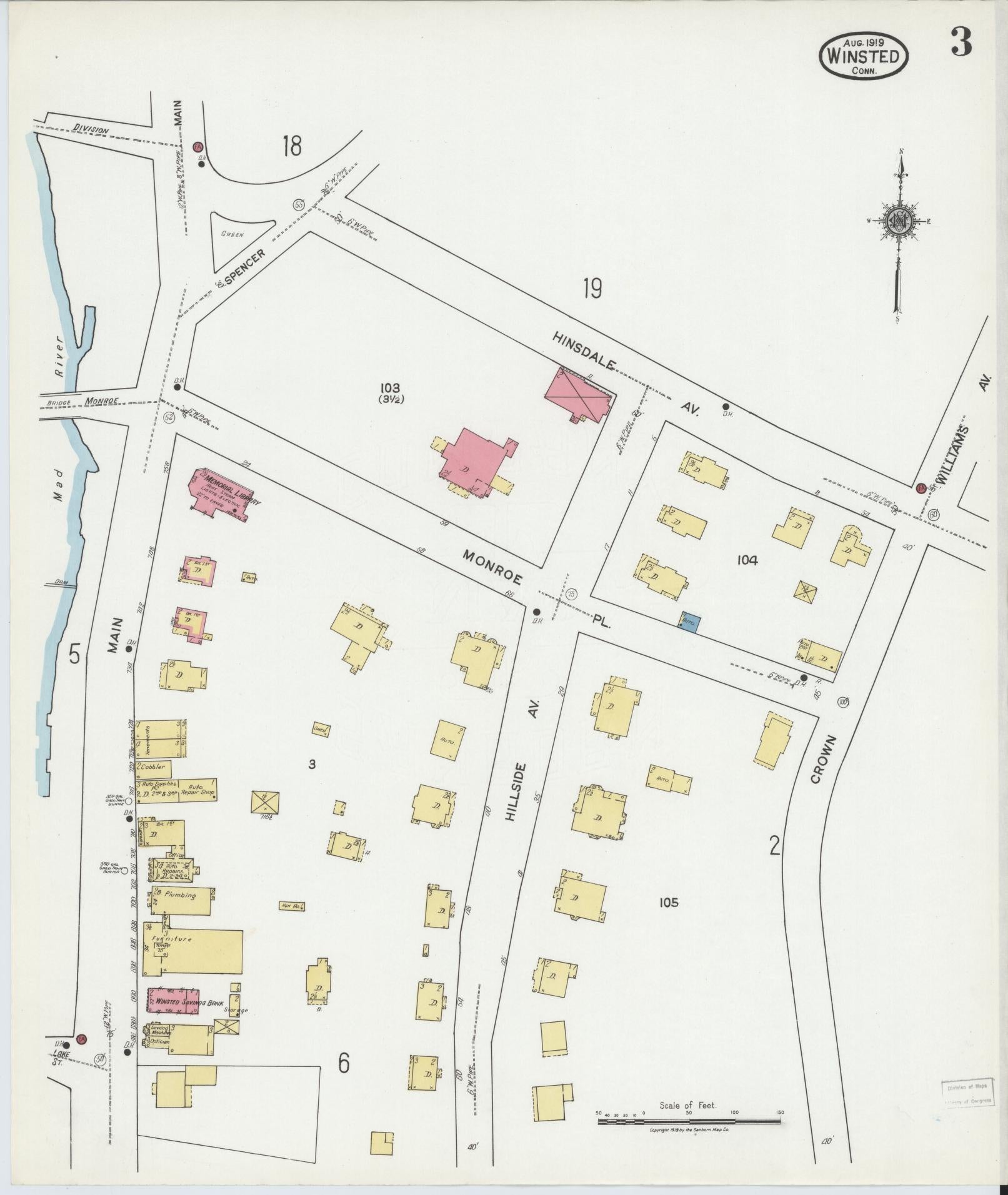 Sanborn Fire Insurance Map from Winsted, Litchfield County, Connecticut (1919), Sheet #0003 - Historic Sanborn Fire Insurance Map Print, vintage old map wall art, antique decor, genealogy gift, Connecticut Connecticut map