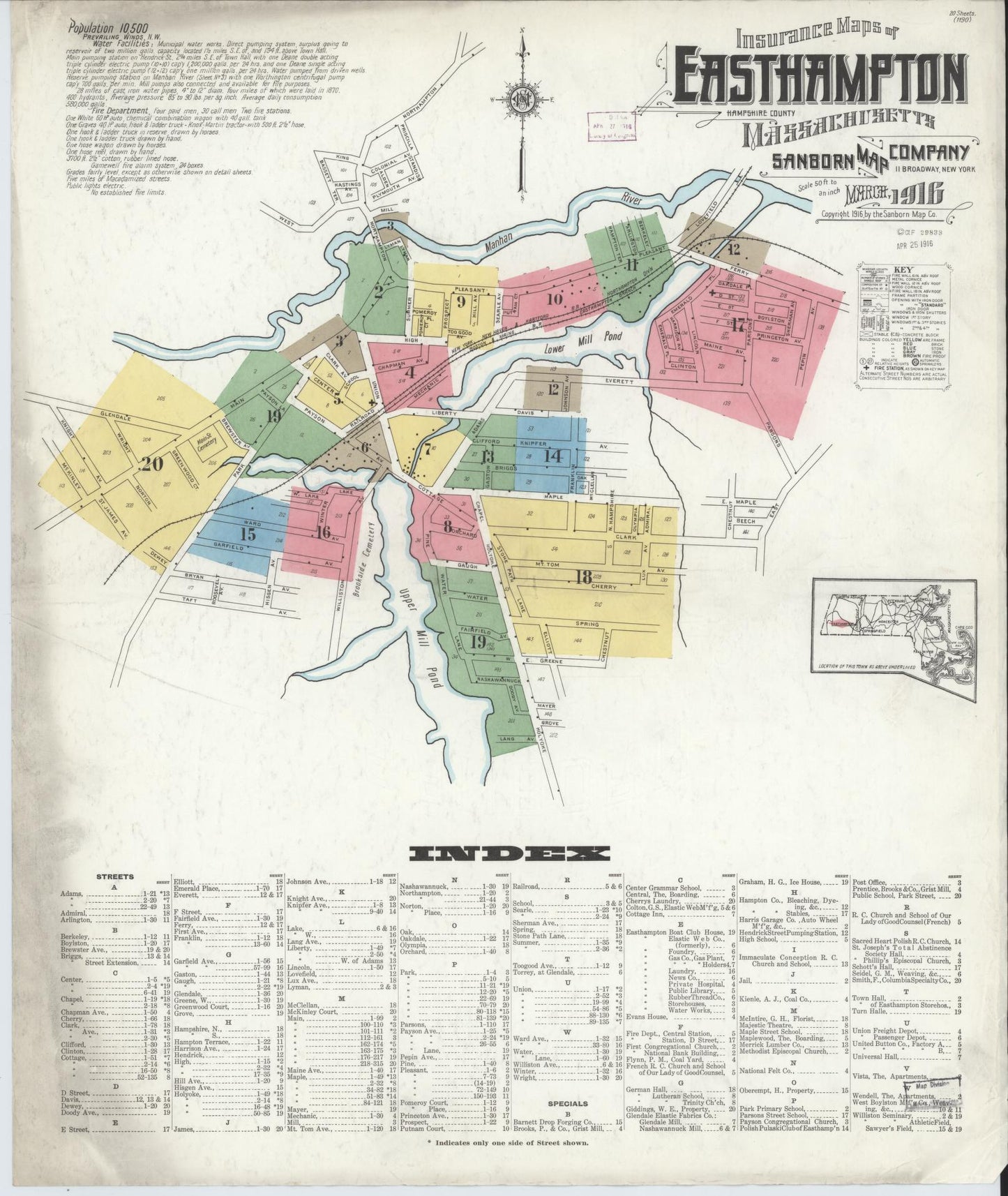 Sanborn Fire Insurance Map from East Hampton, Hampshire County, Massachusetts (1916), Sheet #0001 - Complete Map Set gallery image, historic Sanborn map, vintage wall art, Massachusetts Massachusetts