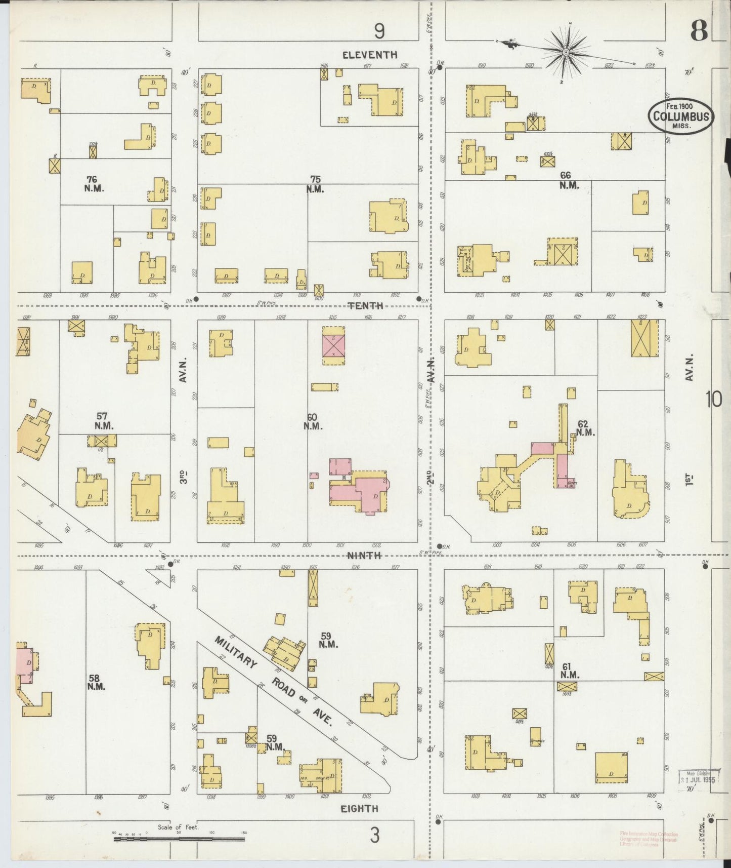 Sanborn Fire Insurance Map from Columbus, Lowndes County, Mississippi (1900), Sheet #0008 - Complete Map Set gallery image, historic Sanborn map, vintage wall art, Mississippi Mississippi