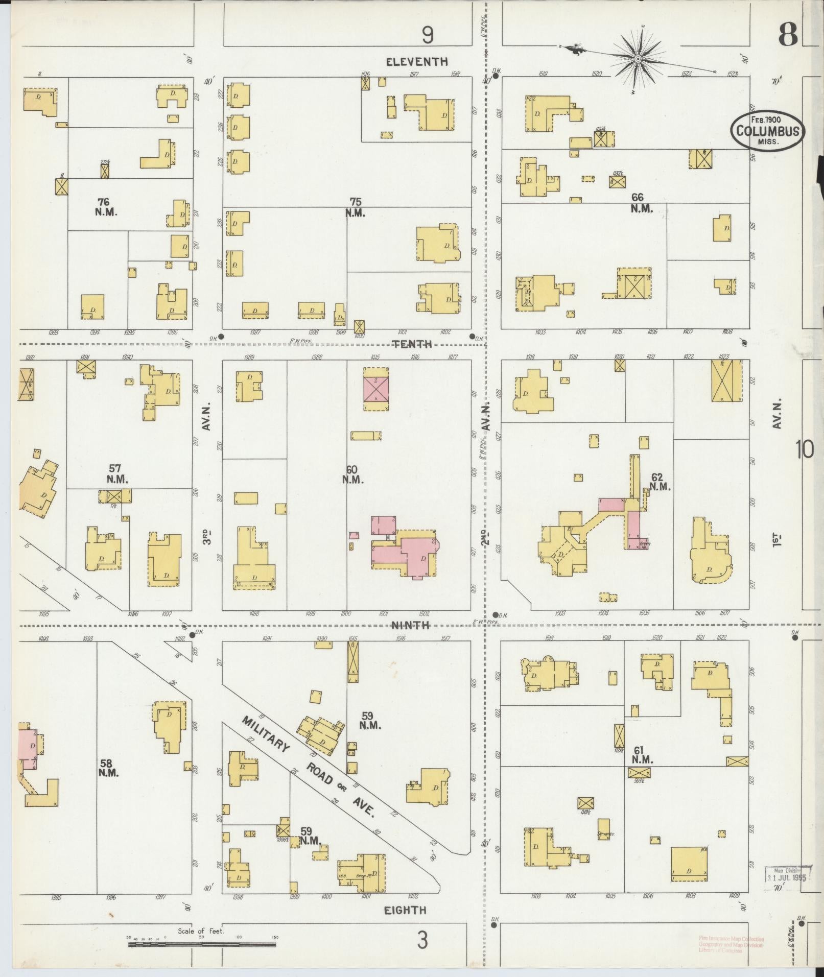 Sanborn Fire Insurance Map from Columbus, Lowndes County, Mississippi (1900), Sheet #0008 - Complete Map Set gallery image, historic Sanborn map, vintage wall art, Mississippi Mississippi