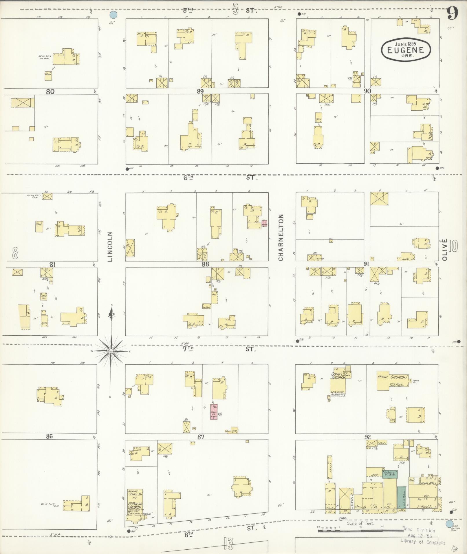 Sanborn Fire Insurance Map from Eugene, Lane County, Oregon (1896), Sheet #0009 - Historic Sanborn Fire Insurance Map Print, vintage old map wall art, antique decor, genealogy gift, Oregon Oregon map
