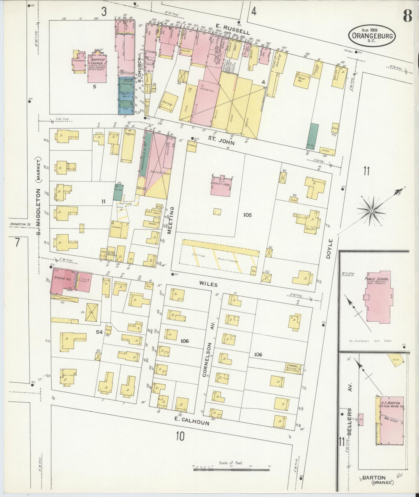 Sanborn Fire Insurance Map from Orangeburg, Orangeburg County, South Carolina (1909), Sheet #0008 - Historic Sanborn Fire Insurance Map Print, vintage old map wall art, antique decor, genealogy gift, South Carolina South Carolina map