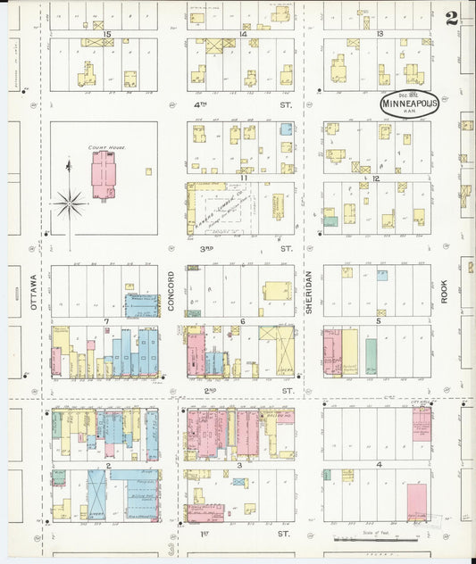 Sanborn Fire Insurance Map from Minneapolis, Ottawa  County, Kansas (1892), Sheet #0002 - Historic Sanborn Fire Insurance Map Print, vintage old map wall art, antique decor, genealogy gift, Kansas Kansas map