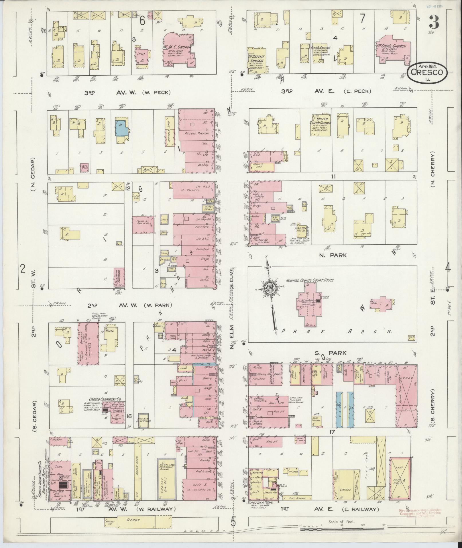 Sanborn Fire Insurance Map from Cresco, Howard County, Iowa (1914), Sheet #0003 - Historic Sanborn Fire Insurance Map Print, vintage old map wall art