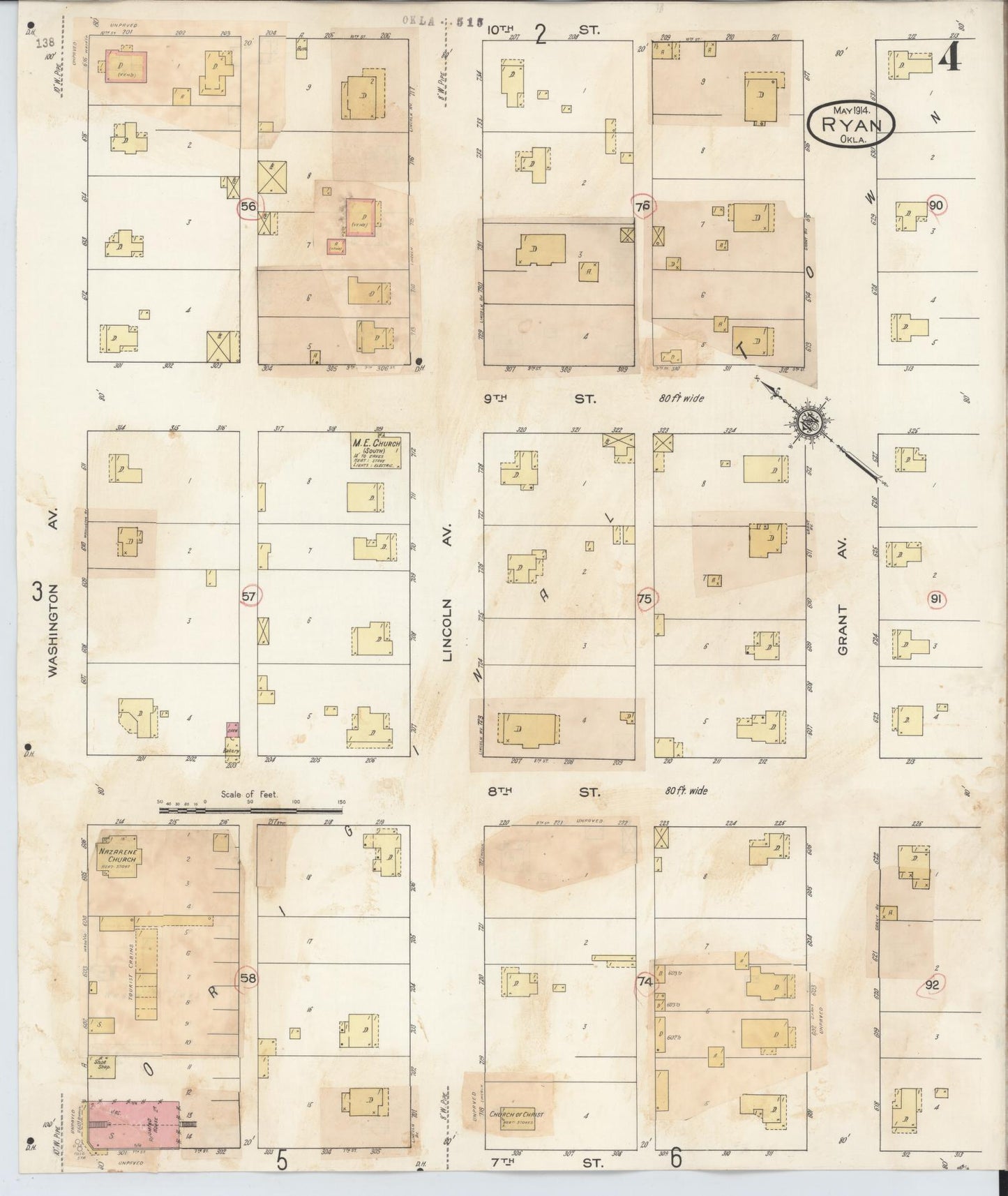 Sanborn Fire Insurance Map from Ryan, Jefferson County, Oklahoma (1932), Sheet #0004 - Complete Map Set gallery image, historic Sanborn map, vintage wall art, Oklahoma Oklahoma