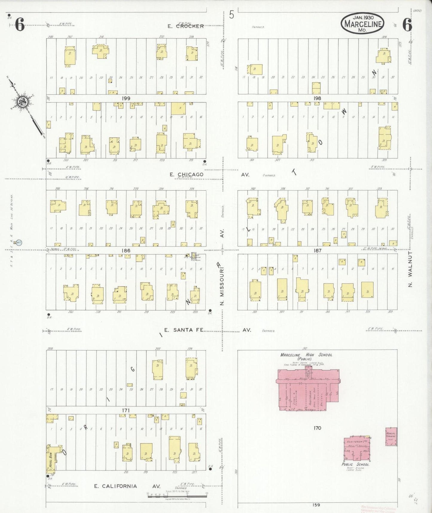 Sanborn Fire Insurance Map from Marceline, Linn County, Missouri (1930), Sheet #0006 - Historic Sanborn Fire Insurance Map Print, vintage old map wall art, antique decor, genealogy gift, Missouri Missouri map