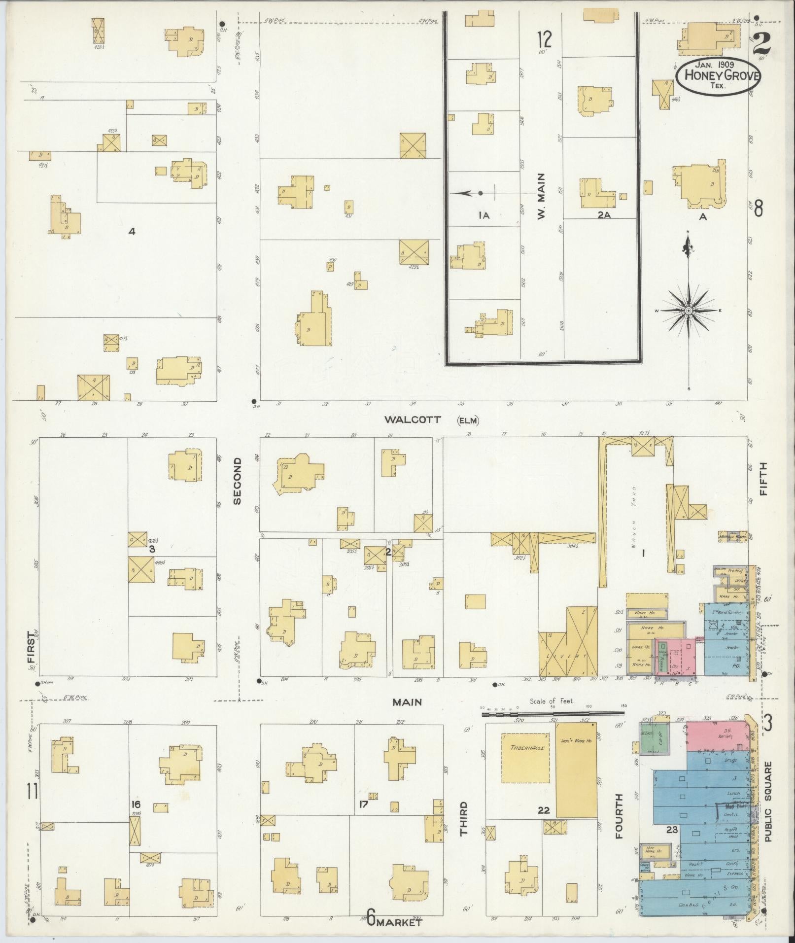 Sanborn Fire Insurance Map from Honey Grove, Fannin County, Texas (1909), Sheet #0002 - Complete Map Set gallery image, historic Sanborn map, vintage wall art, Texas Texas
