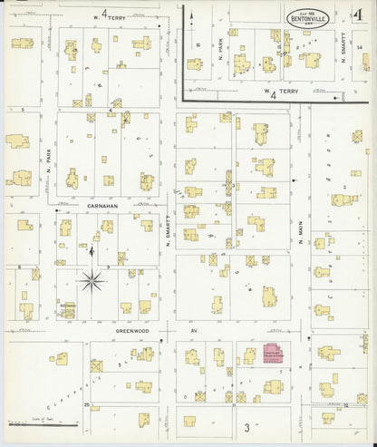 Sanborn Fire Insurance Map from Bentonville, Benton County, Arkansas (1908), Sheet #0004 - Complete Map Set gallery image, historic Sanborn map, vintage wall art, Arkansas Arkansas