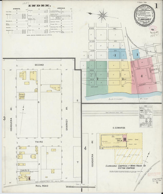 Sanborn Fire Insurance Map from Clarksdale, Coahoma County, Mississippi (1897), Sheet #0001 - Complete Map Set gallery image, historic Sanborn map, vintage wall art, Mississippi Mississippi