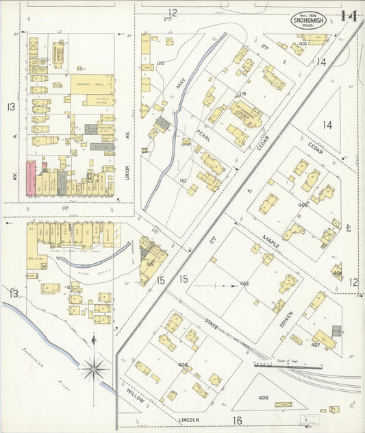 Sanborn Fire Insurance Map from Snohomish, Snohomish County, Washington (1908), Sheet #0014 - Historic Sanborn Fire Insurance Map Print, vintage old map wall art, antique decor, genealogy gift, Washington Washington map