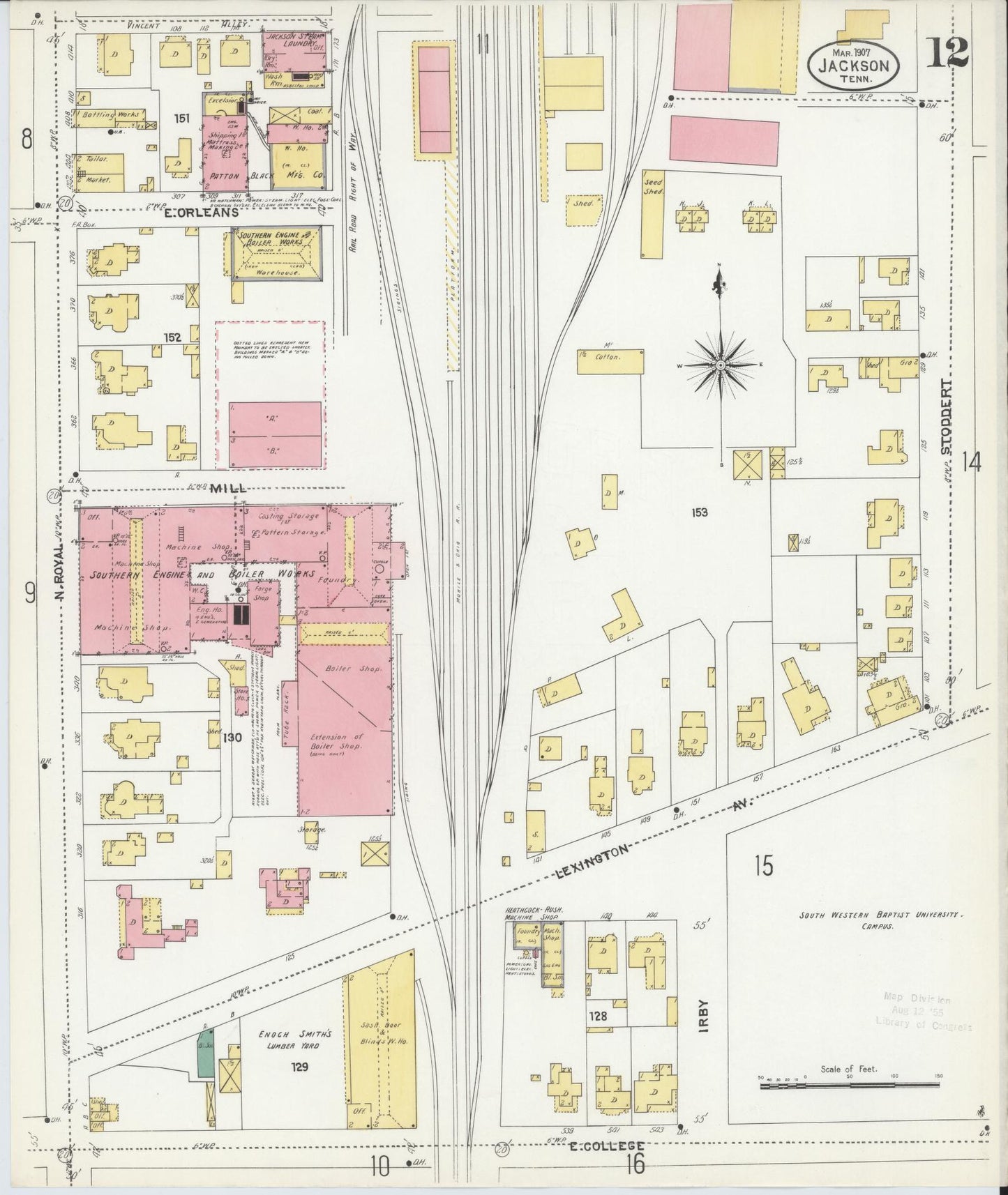 Sanborn Fire Insurance Map from Jackson, Madison County, Tennessee (1907), Sheet #0012 - Complete Map Set gallery image, historic Sanborn map, vintage wall art, Tennessee Tennessee