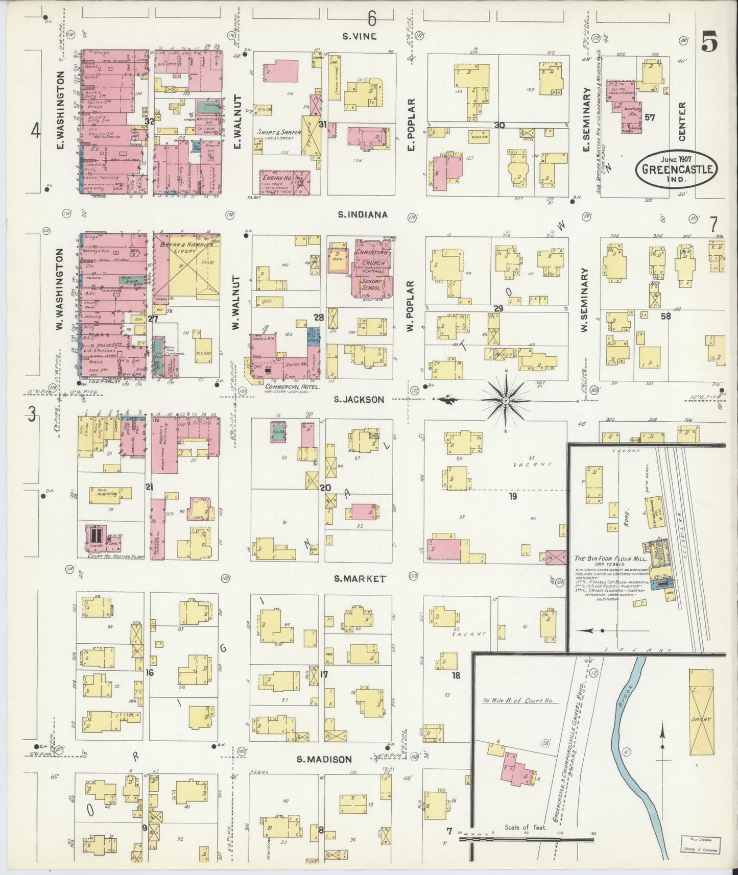 Sanborn Fire Insurance Map from Greencastle, Putnam County, Indiana (1907), Sheet #0005 - Historic Sanborn Fire Insurance Map Print, vintage old map wall art, antique decor, genealogy gift, Indiana Indiana map