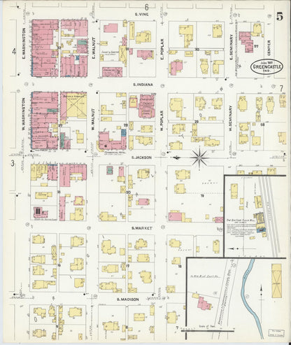 Sanborn Fire Insurance Map from Greencastle, Putnam County, Indiana (1907), Sheet #0005 - Historic Sanborn Fire Insurance Map Print, vintage old map wall art, antique decor, genealogy gift, Indiana Indiana map
