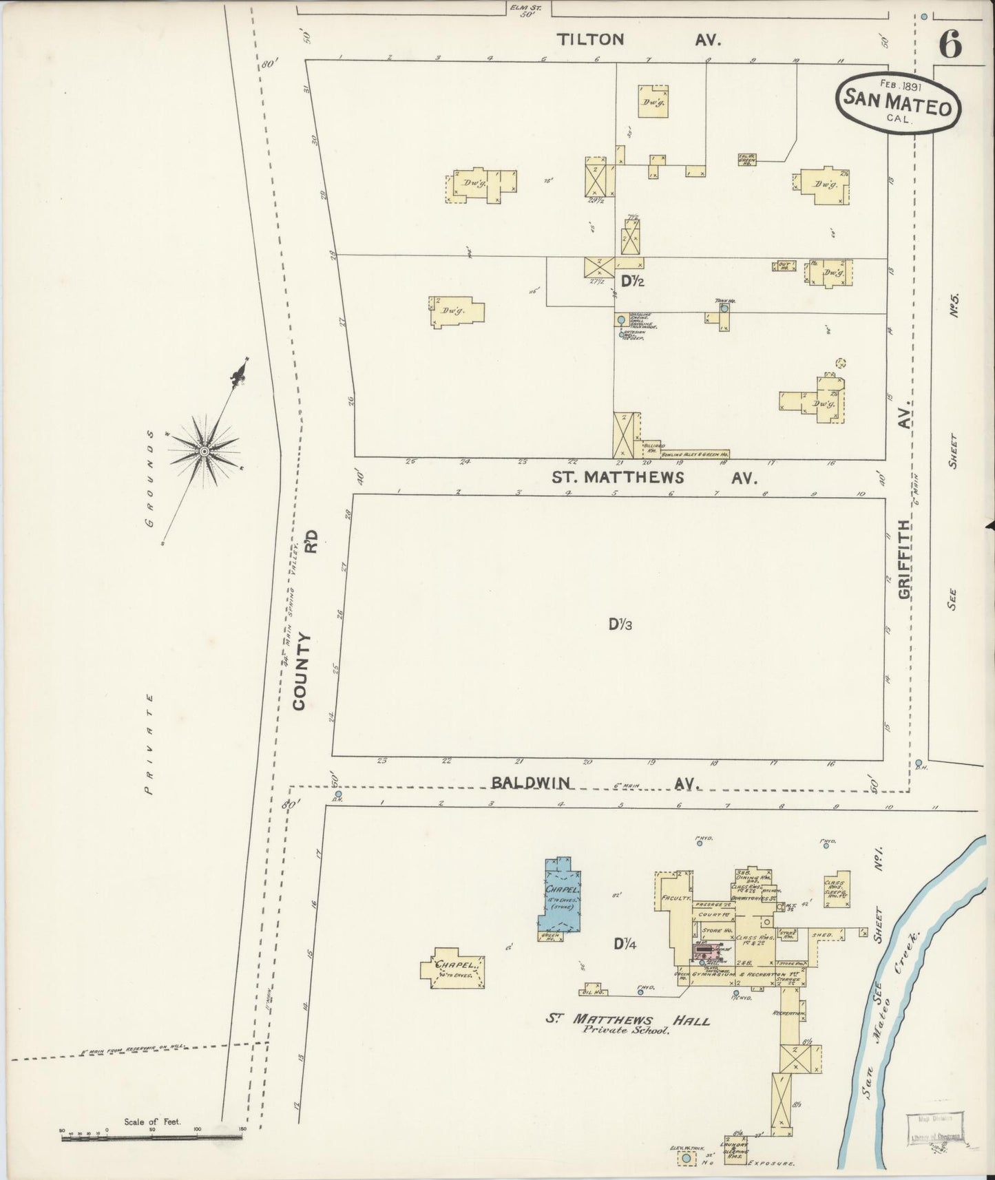 Sanborn Fire Insurance Map from San Mateo, San Mateo County, California (1891), Sheet #0006 - Complete Map Set gallery image, historic Sanborn map, vintage wall art, California California