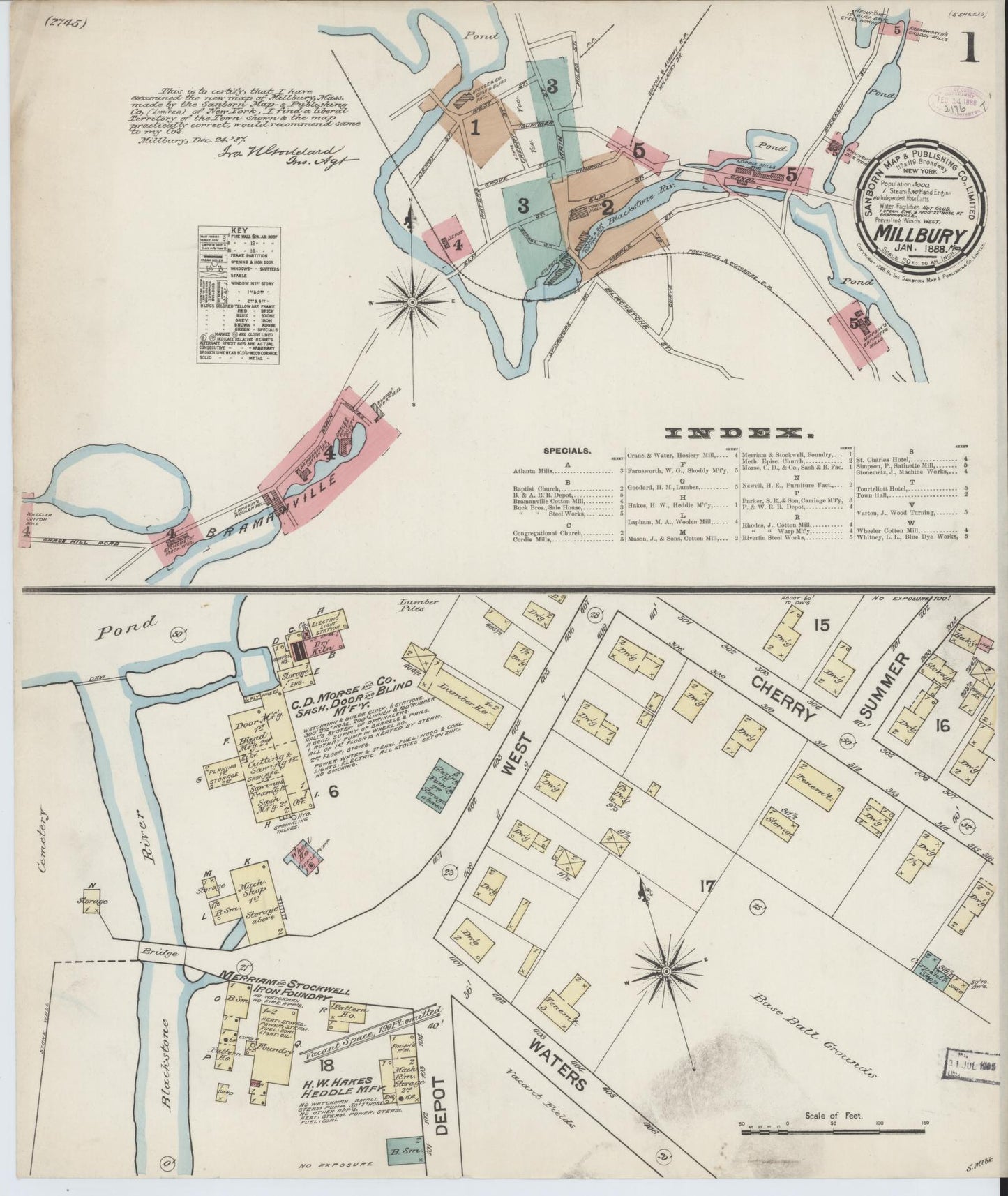 Sanborn Fire Insurance Map from Millbury, Worcester County, Massachusetts (1888), Sheet #0001 - Historic Sanborn Fire Insurance Map Print, vintage old map wall art, antique decor, genealogy gift, Massachusetts Massachusetts map
