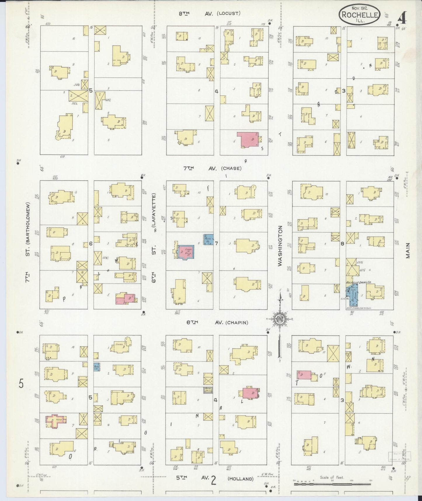 Sanborn Fire Insurance Map from Rochelle, Ogle County, Illinois (1912), Sheet #0004 - Historic Sanborn Fire Insurance Map Print, vintage old map wall art, antique decor, genealogy gift, Illinois Illinois map