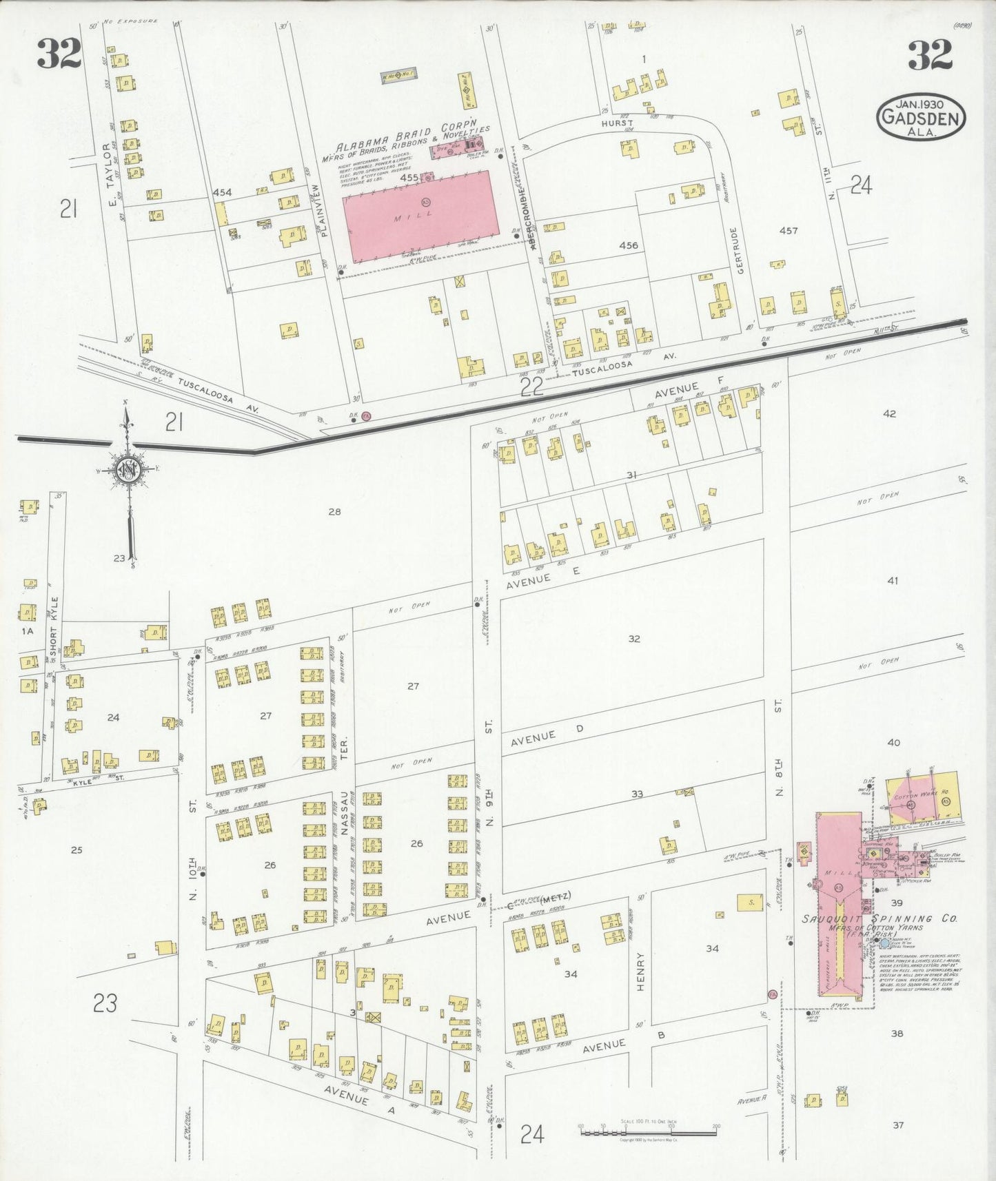 Sanborn Fire Insurance Map from Gadsden, Etowah County, Alabama (1930), Sheet #0032 - Complete Map Set gallery image, historic Sanborn map, vintage wall art, Alabama Alabama