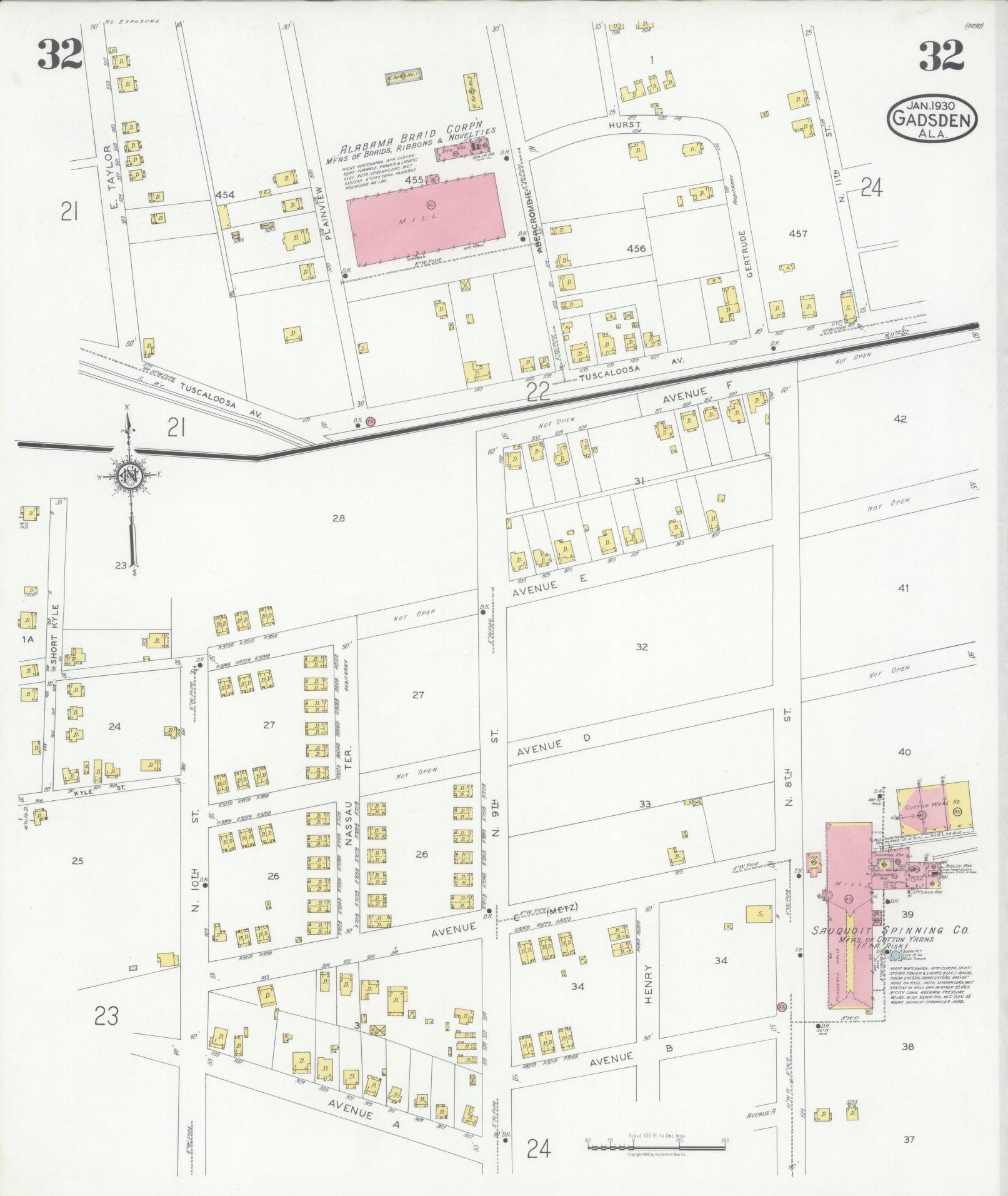 Sanborn Fire Insurance Map from Gadsden, Etowah County, Alabama (1930), Sheet #0032 - Complete Map Set gallery image, historic Sanborn map, vintage wall art, Alabama Alabama