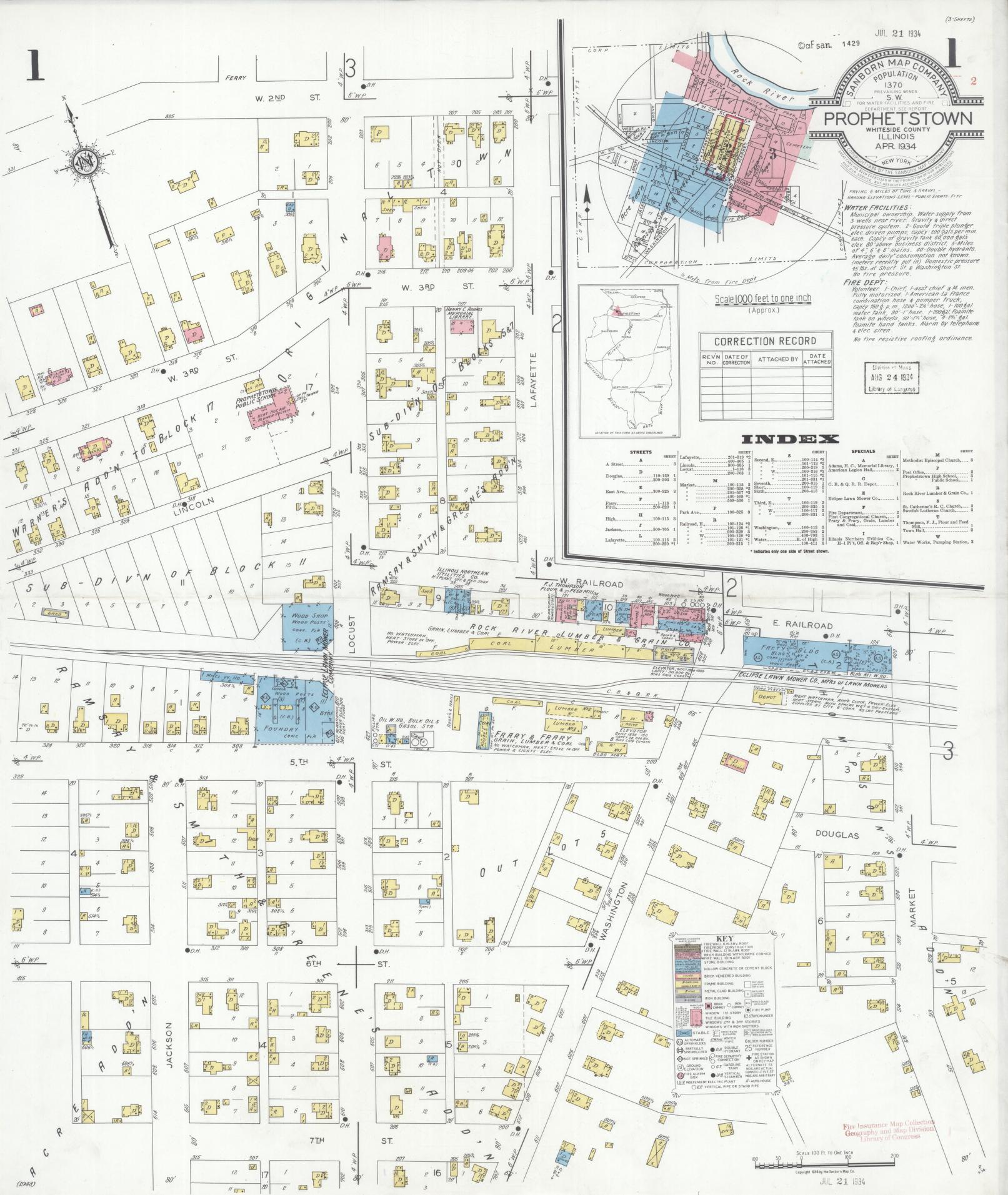 Sanborn Fire Insurance Map from Prophetstown, Whiteside County, Illinois (1934), Sheet #0001 - Complete Map Set gallery image, historic Sanborn map, vintage wall art, Illinois Illinois