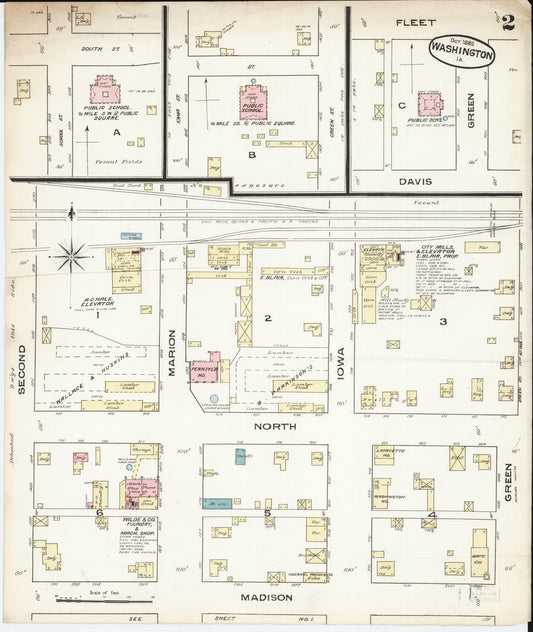 Sanborn Fire Insurance Map from Washington, Washington County, Iowa (1885), Sheet #0002 - Historic Sanborn Fire Insurance Map Print, vintage old map wall art, antique decor, genealogy gift, Sanborn Fire Insurance Map from Washington Washington map